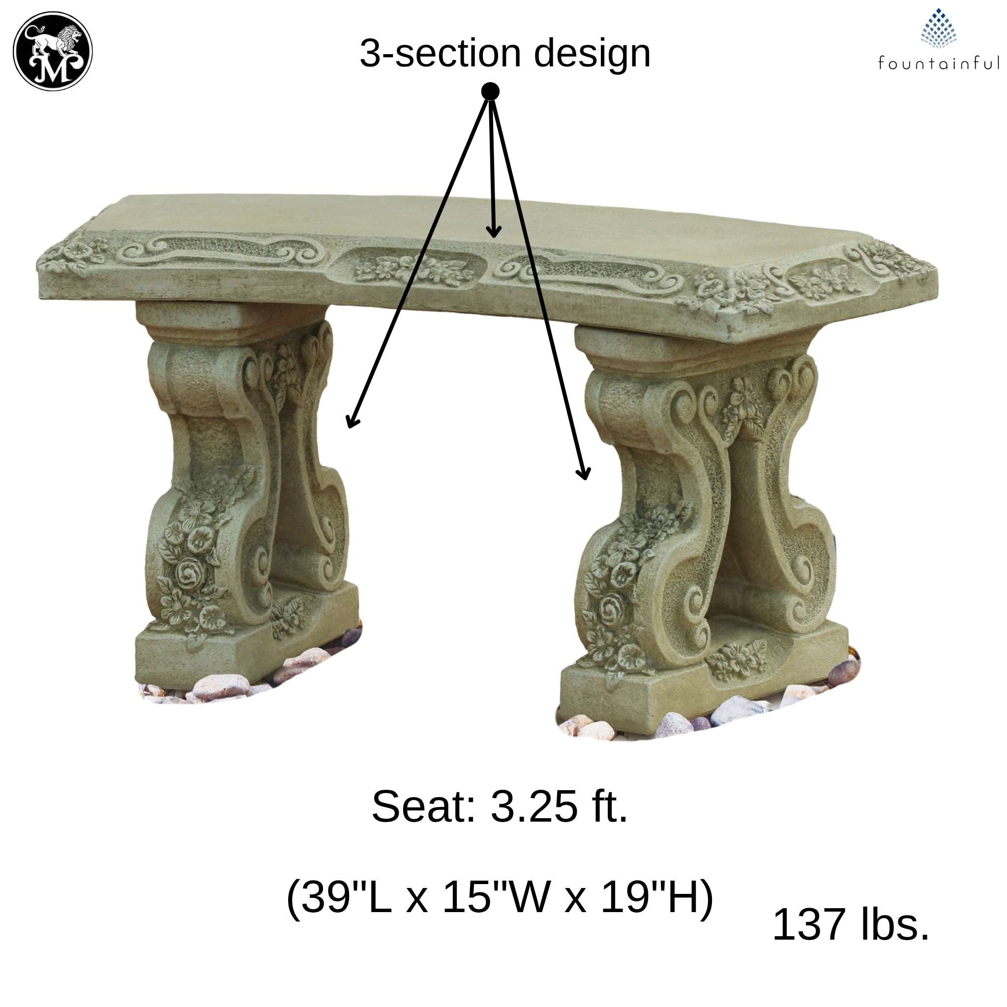 Floral Concrete Garden Bench - Massarellis #4242