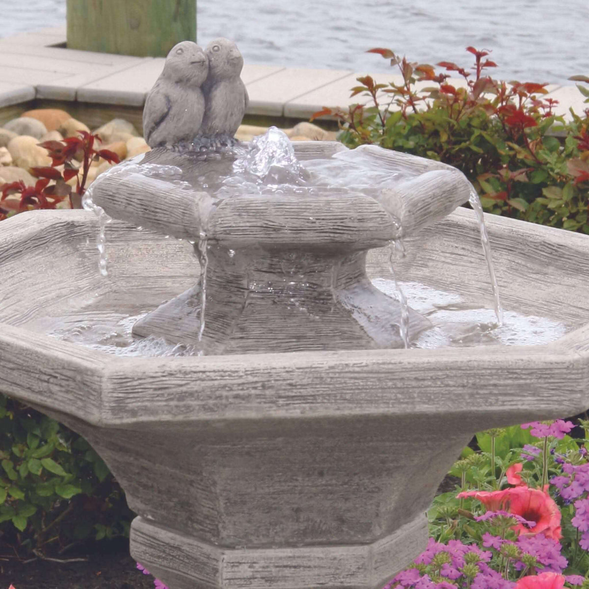 Chelsea Bird 2-Tier Hexagon Concrete Fountain w/Lights - Massarellis #3821