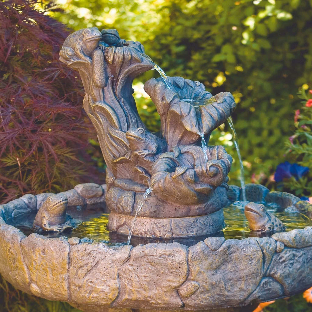 Frog & Cattail 3-Tier Concrete Fountain - Massarellis #3375