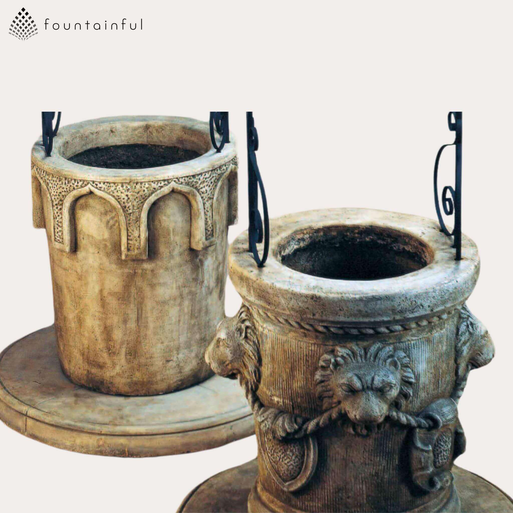 Italian Concrete Wishing Wells - De Medeci Lion Head and The Castello - Giannini