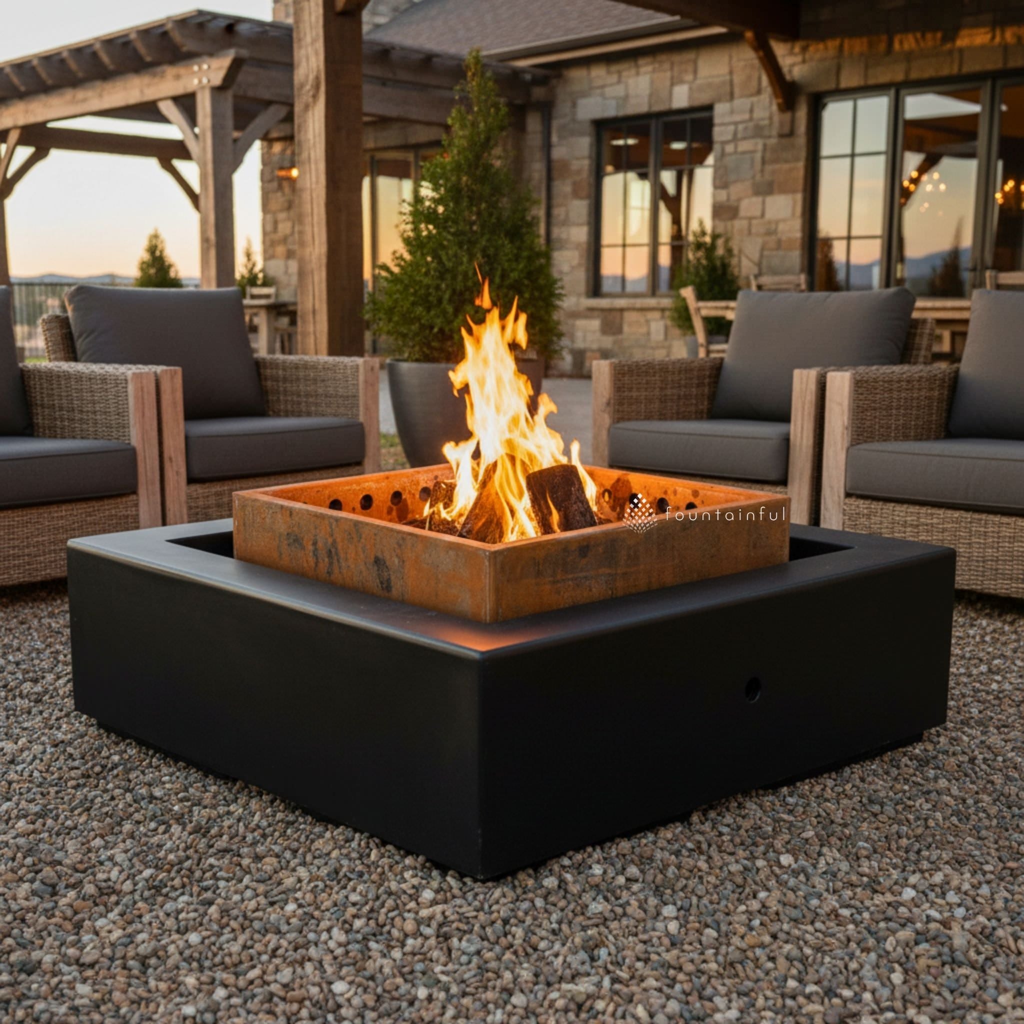 The Solar Smokeless Concrete & Corten Steel Square Fire Pit - The Outdoor Plus