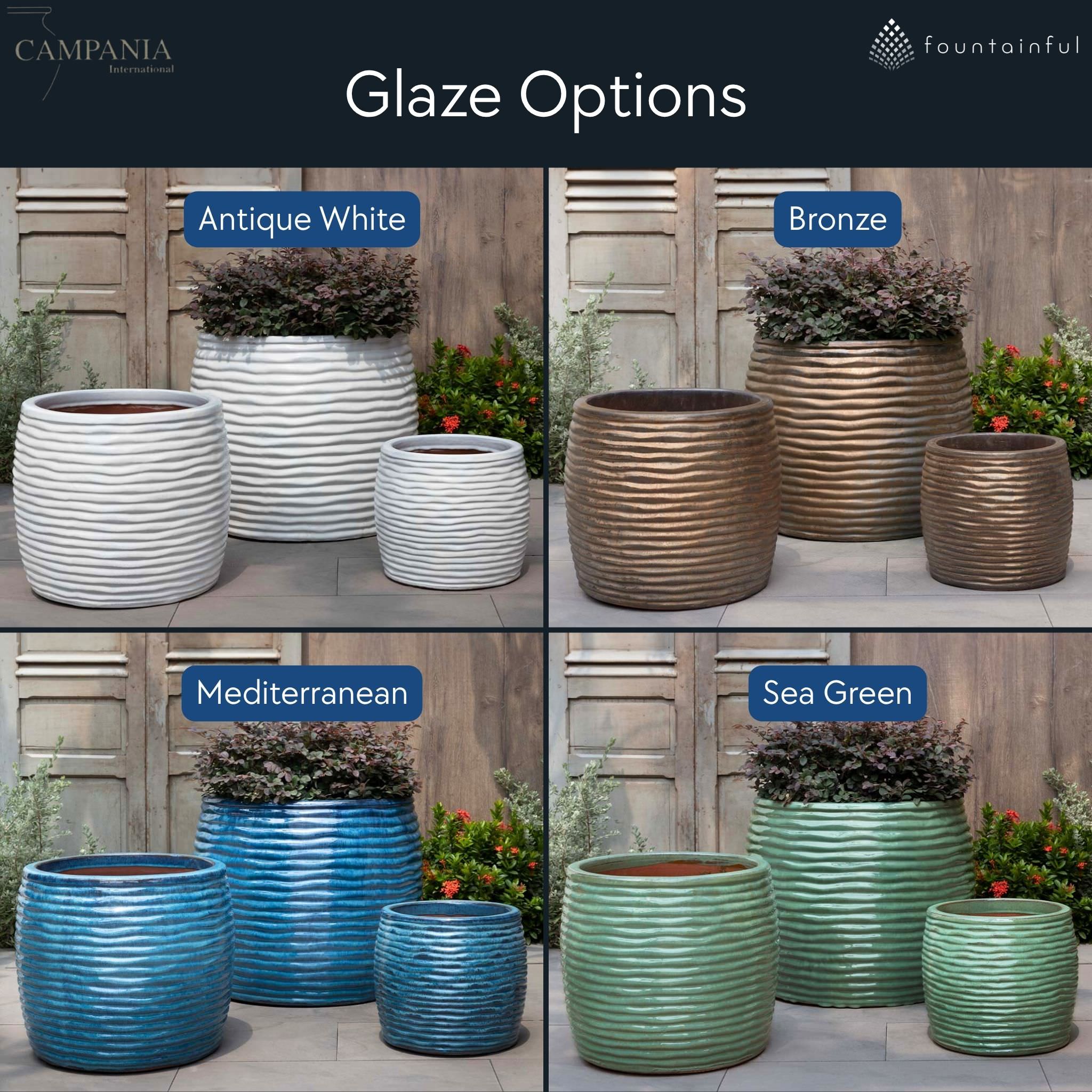 Montauk Tall Set of 3 Glazed Terra Cotta Planters - Campania #7004