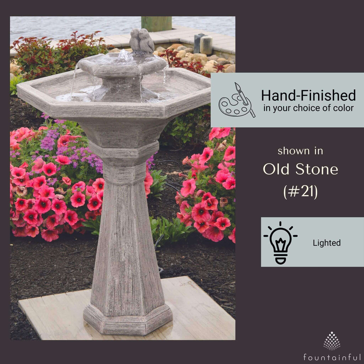 Chelsea Bird 2-Tier Hexagon Concrete Fountain w/Lights - Massarellis #3821