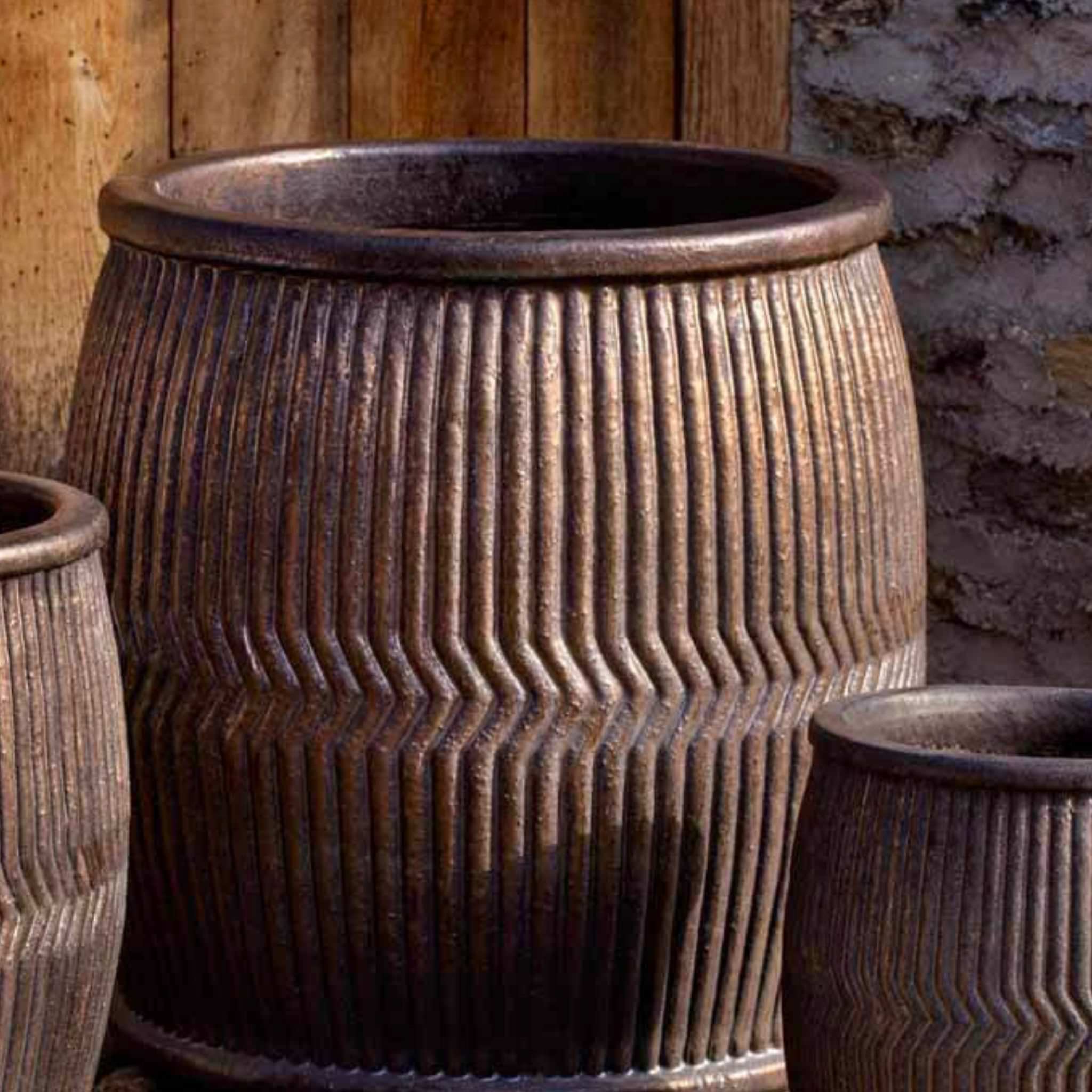 Rain Barrel Glazed Set of 3 Terra Cotta Planters - Campania #6830