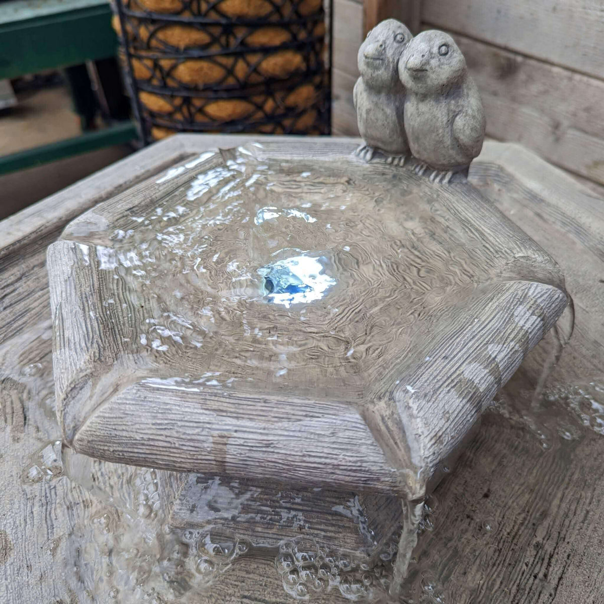 Chelsea Bird 2-Tier Hexagon Concrete Fountain w/Lights - Massarellis #3821