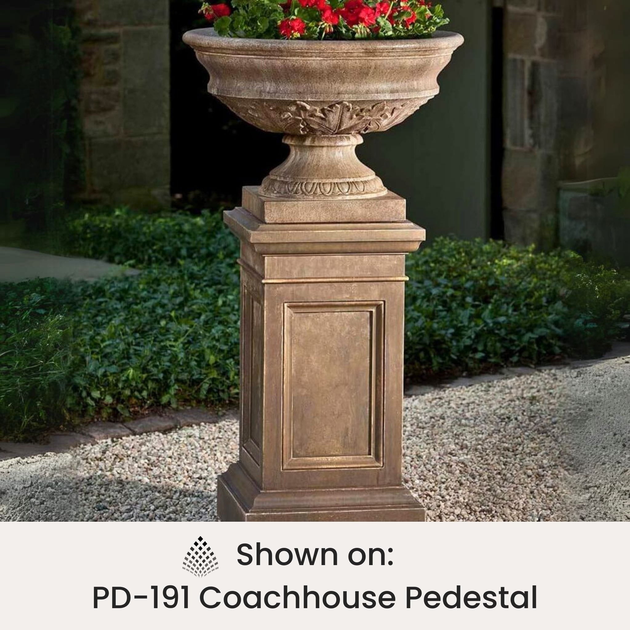 Campania Coachhouse Concrete Urn Planter P-595 on PD-191 Coachhouse Pedestal