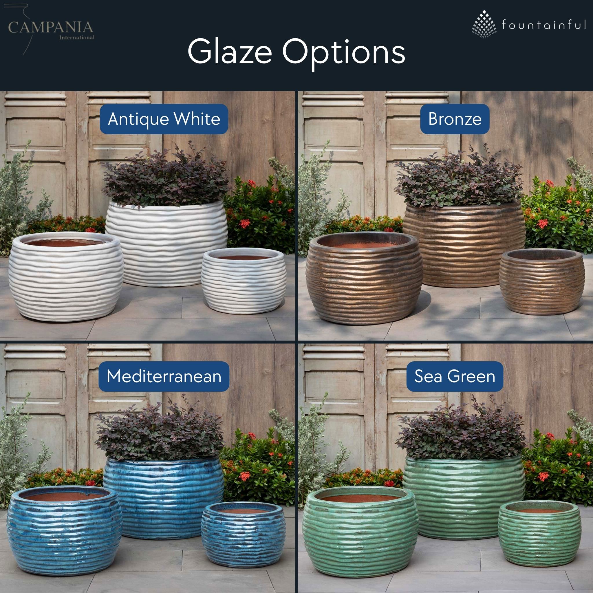 Montauk Low Set of 3 Glazed Terra Cotta Planters - Campania #7005