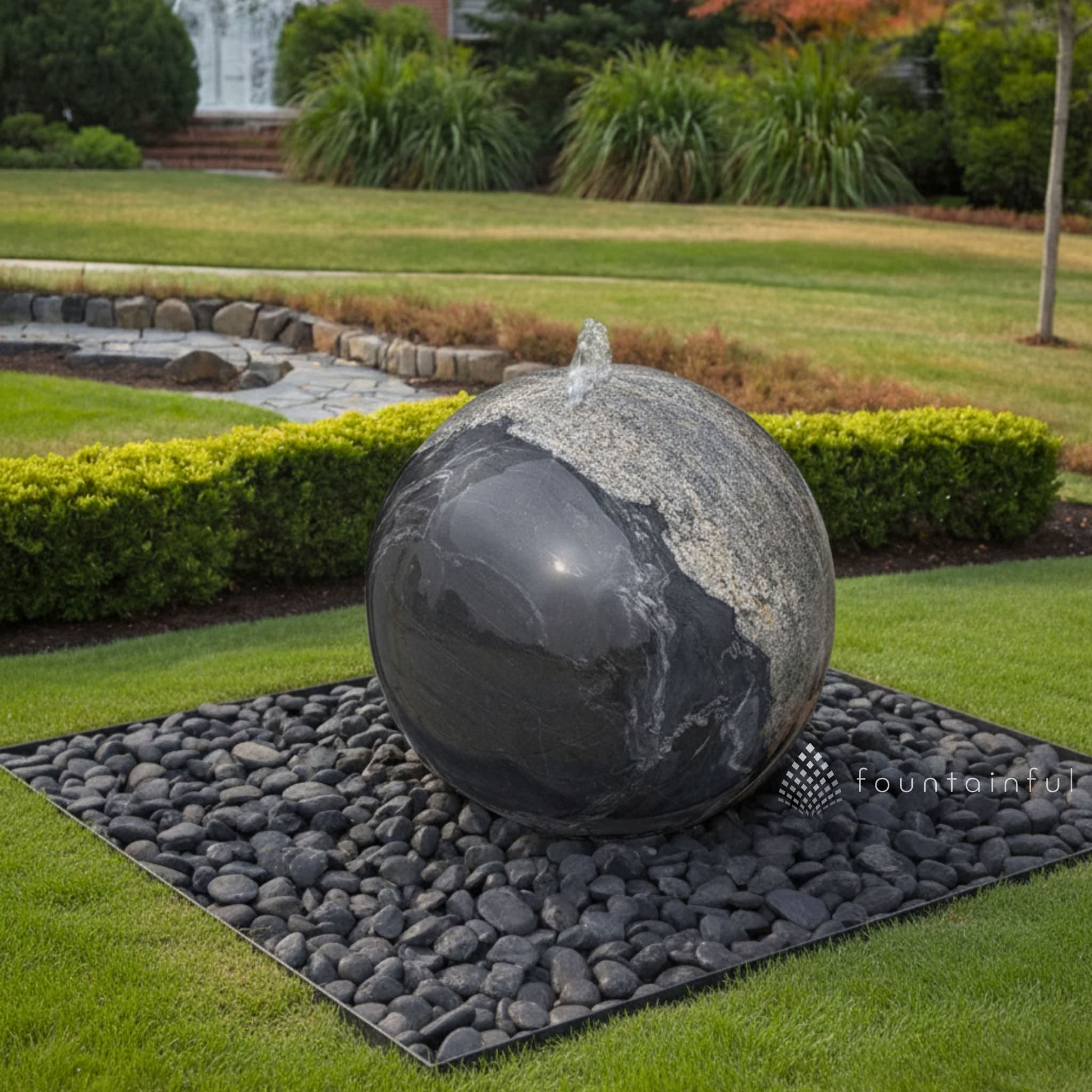 Black Flower Granite Large Sphere Fountain - Blue Thumb