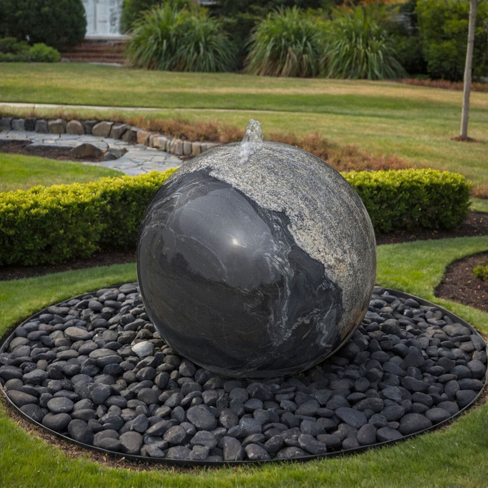 Black Flower Granite Sphere Fountain - Complete Kit - Blue Thumb