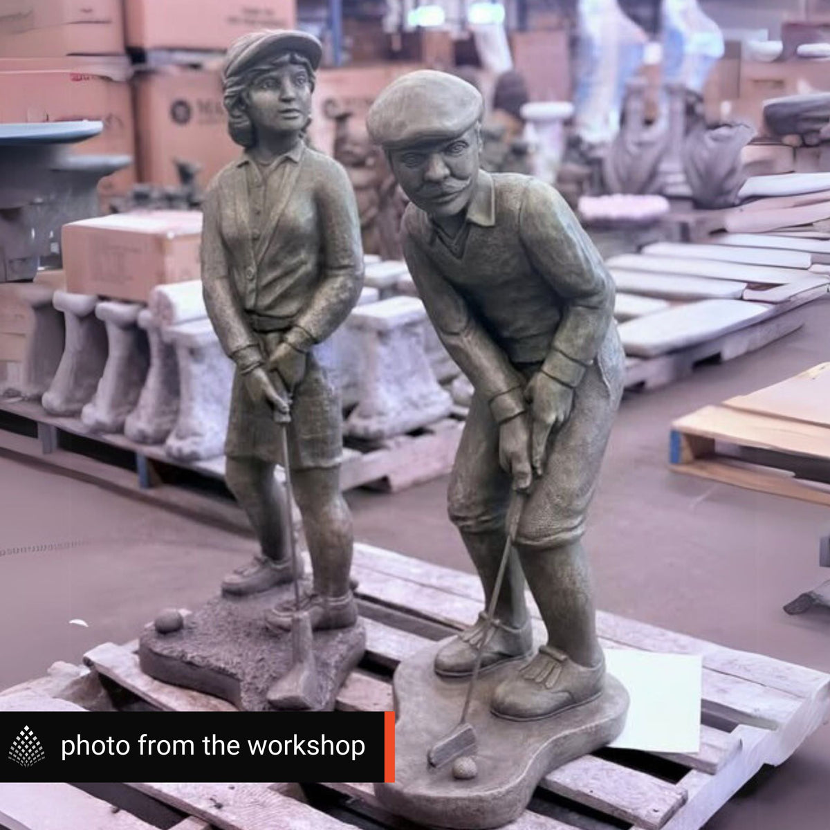 Nostalgic Golfer Man & Woman Concrete Garden Statues - Massarellis