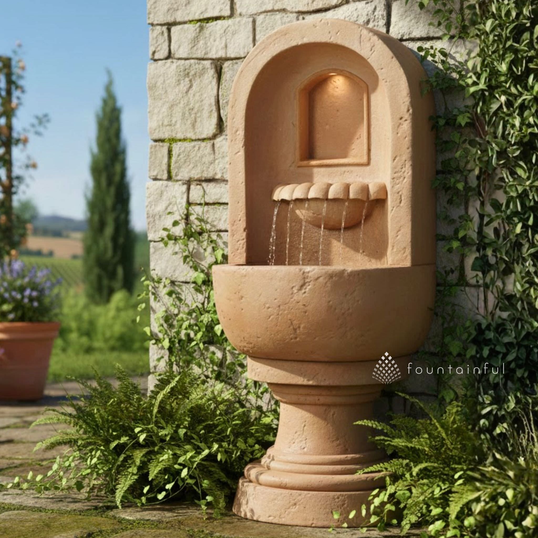 Basque Concrete Wall Fountain with Light - Fiore #2083
