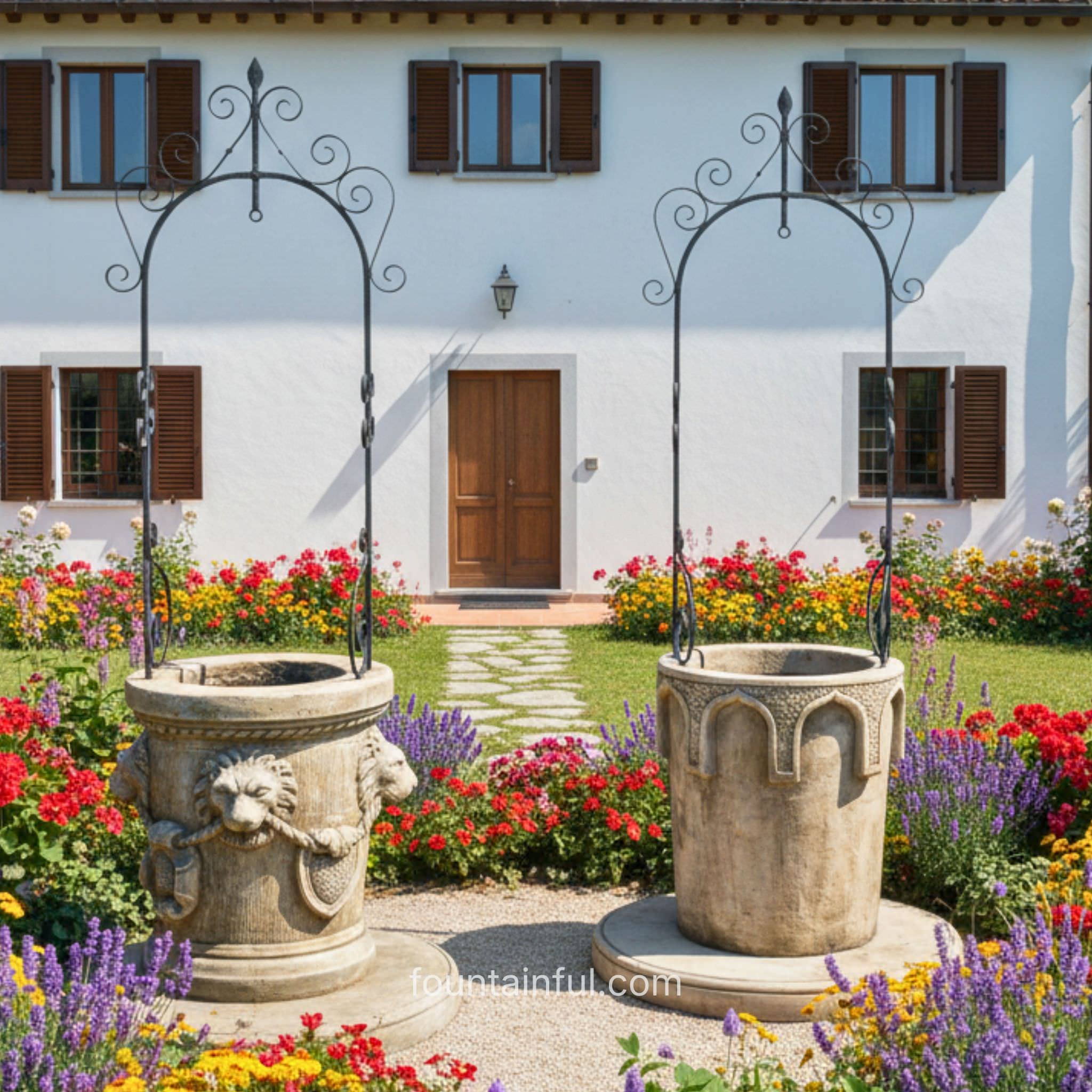 Italian Concrete Wishing Wells - De Medeci Lion and The Castello - Giannini - Luxury Garden Decor