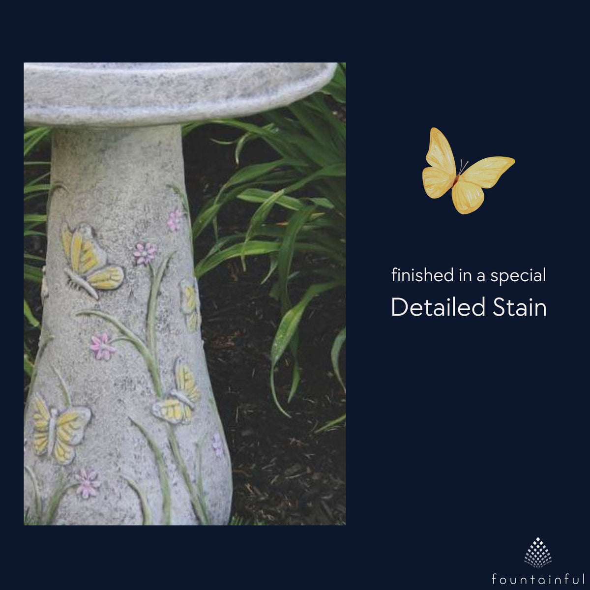 Butterfly & Flowers Concrete Bird Bath - Massarellis #9751