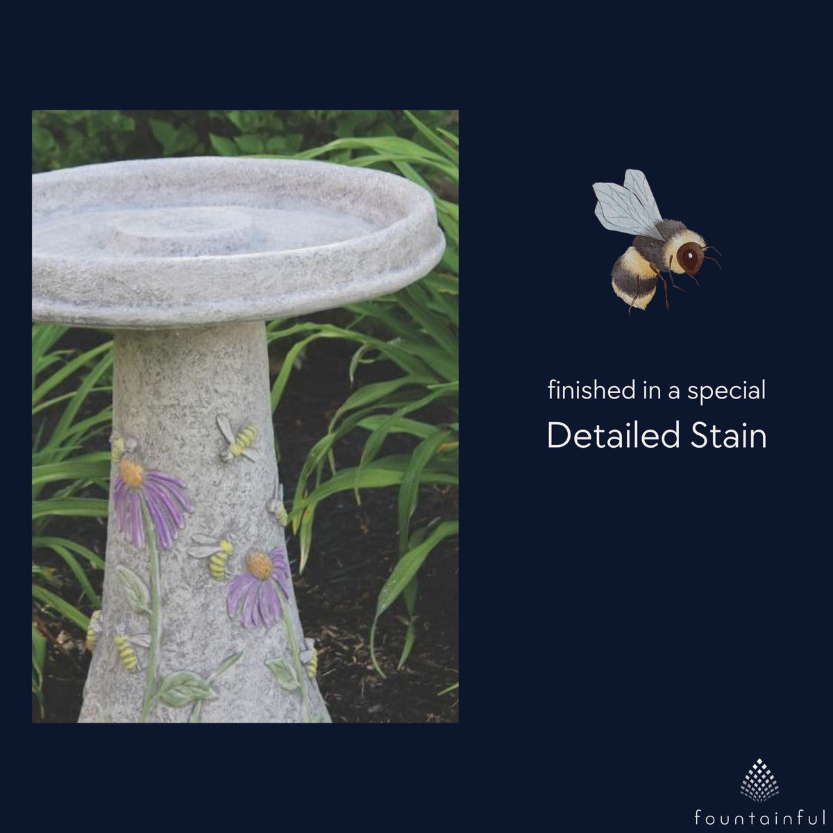 Honeybee & Flowers Concrete Bird Bath - Massarellis #9752