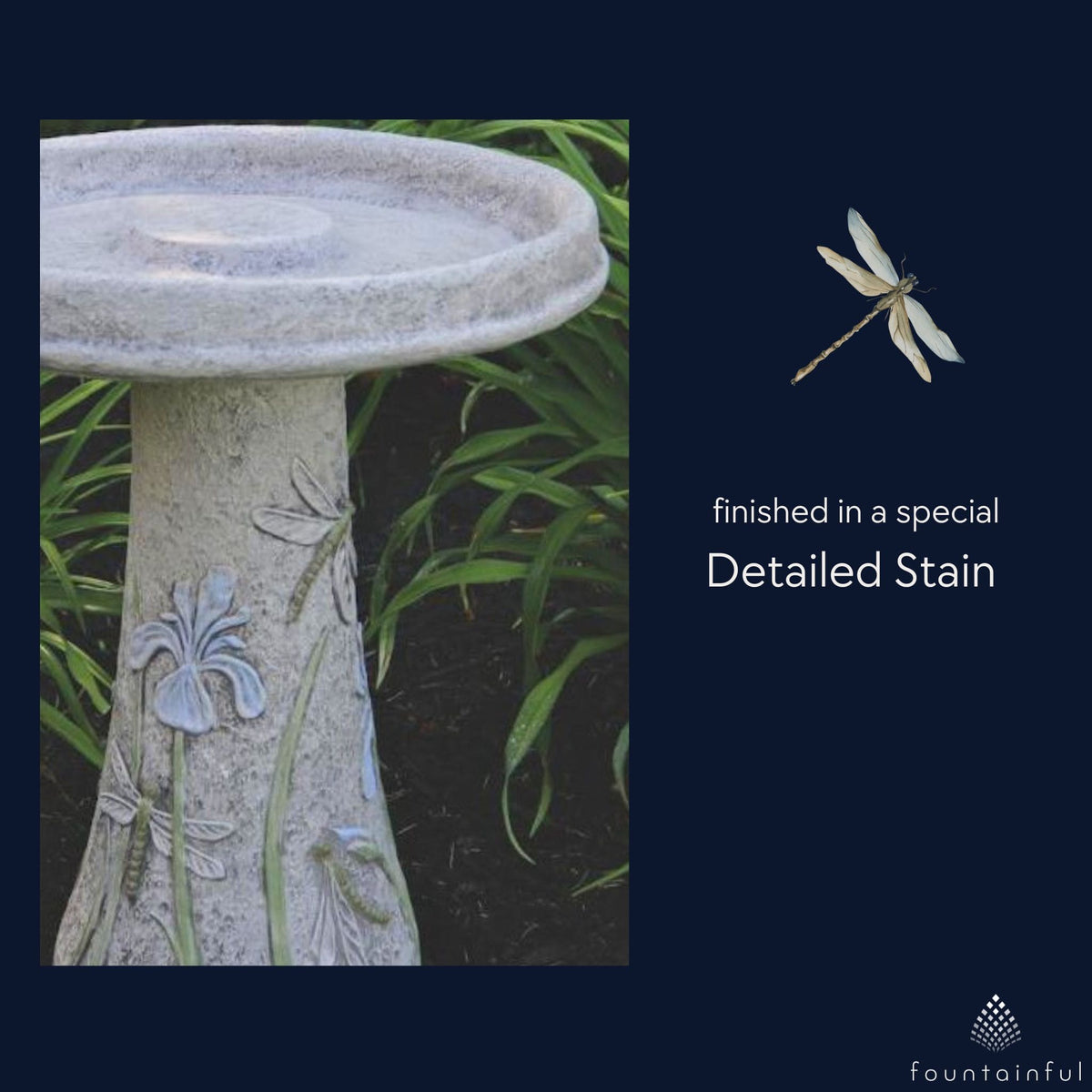 Dragonfly & Flowers Concrete Bird Bath - Massarellis #9753
