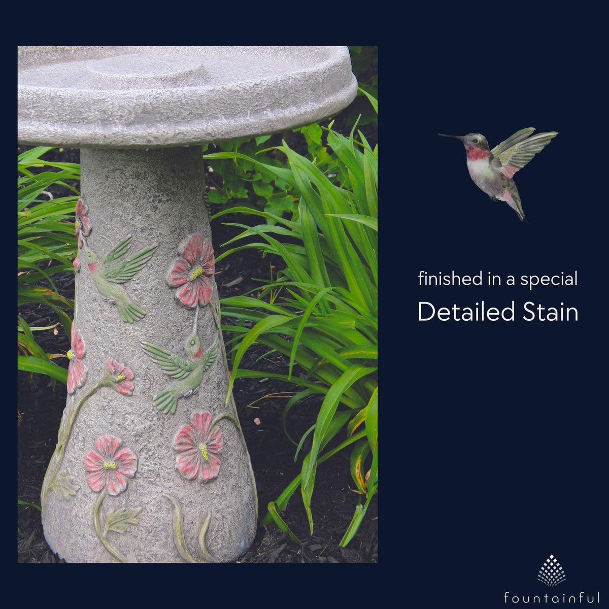 Hummingbird & Flowers Concrete Bird Bath - Massarellis #9757