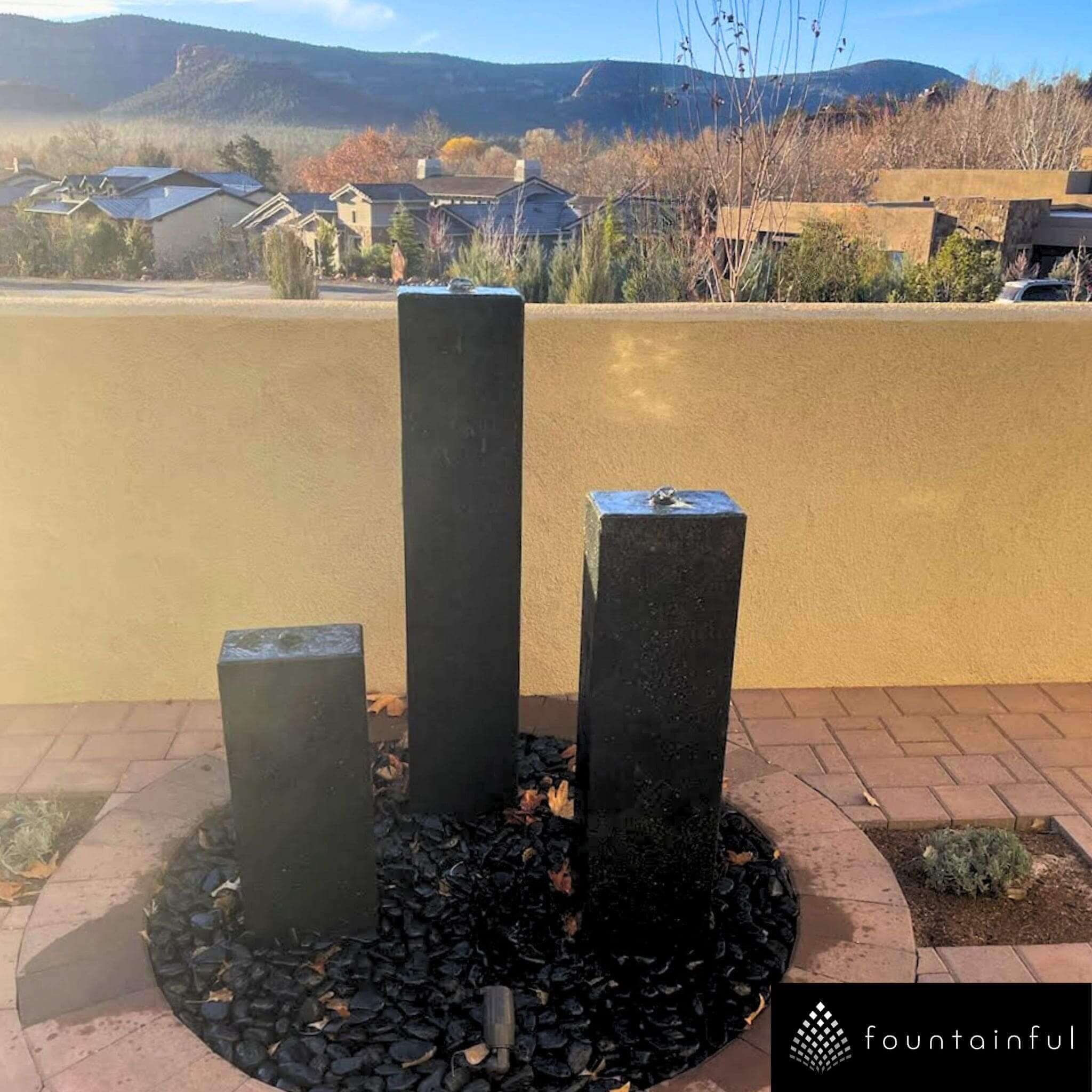 Smooth Black Granite 3-Column Fountain - Complete Kit - Blue Thumb