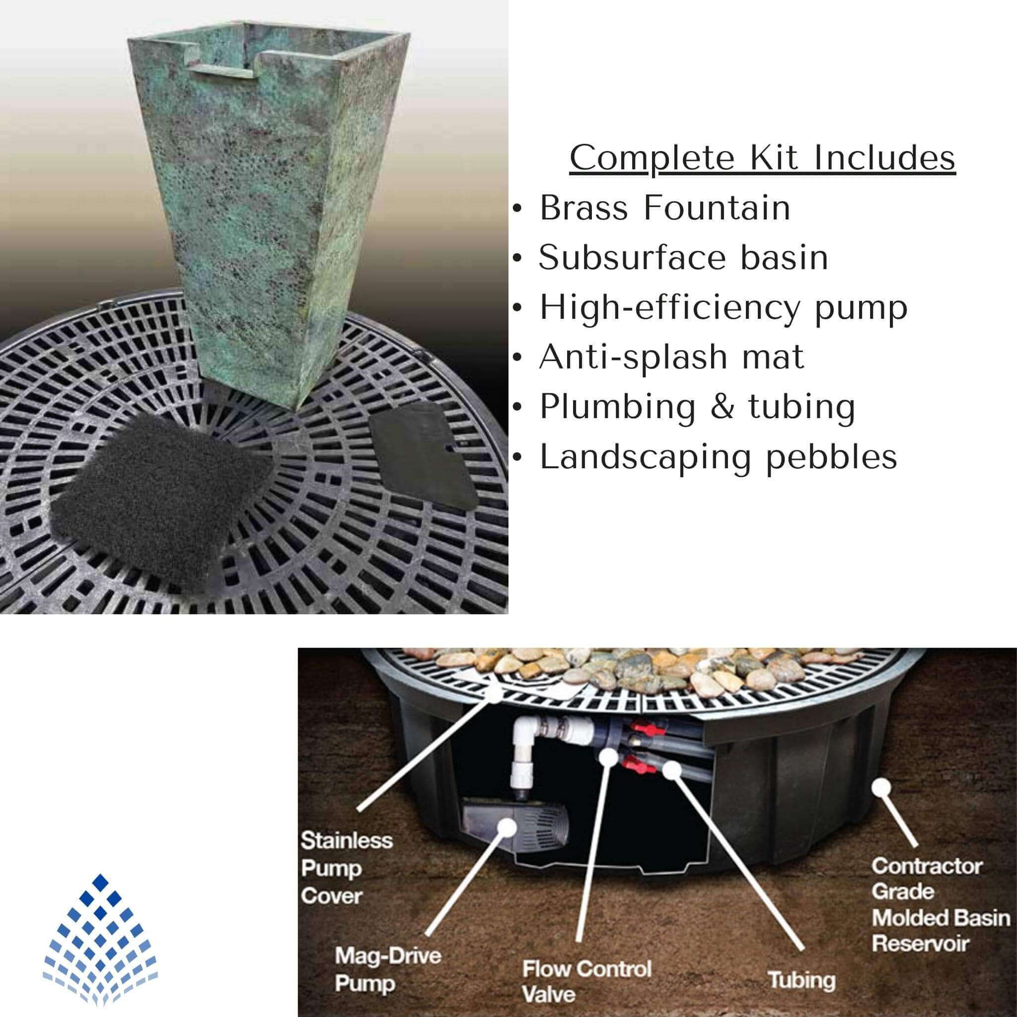 Tapered Square Brass Urn Fountain - Complete Kit - Blue Thumb