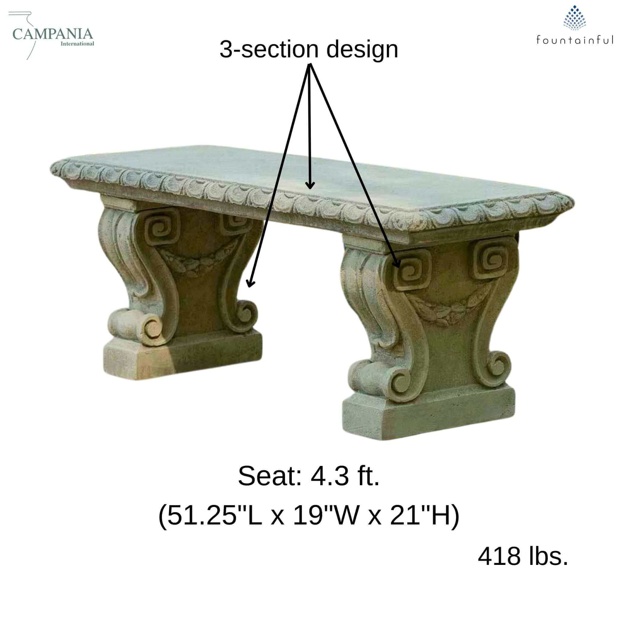 Longwood Main Fountain Concrete Garden Bench - Campania #BE33