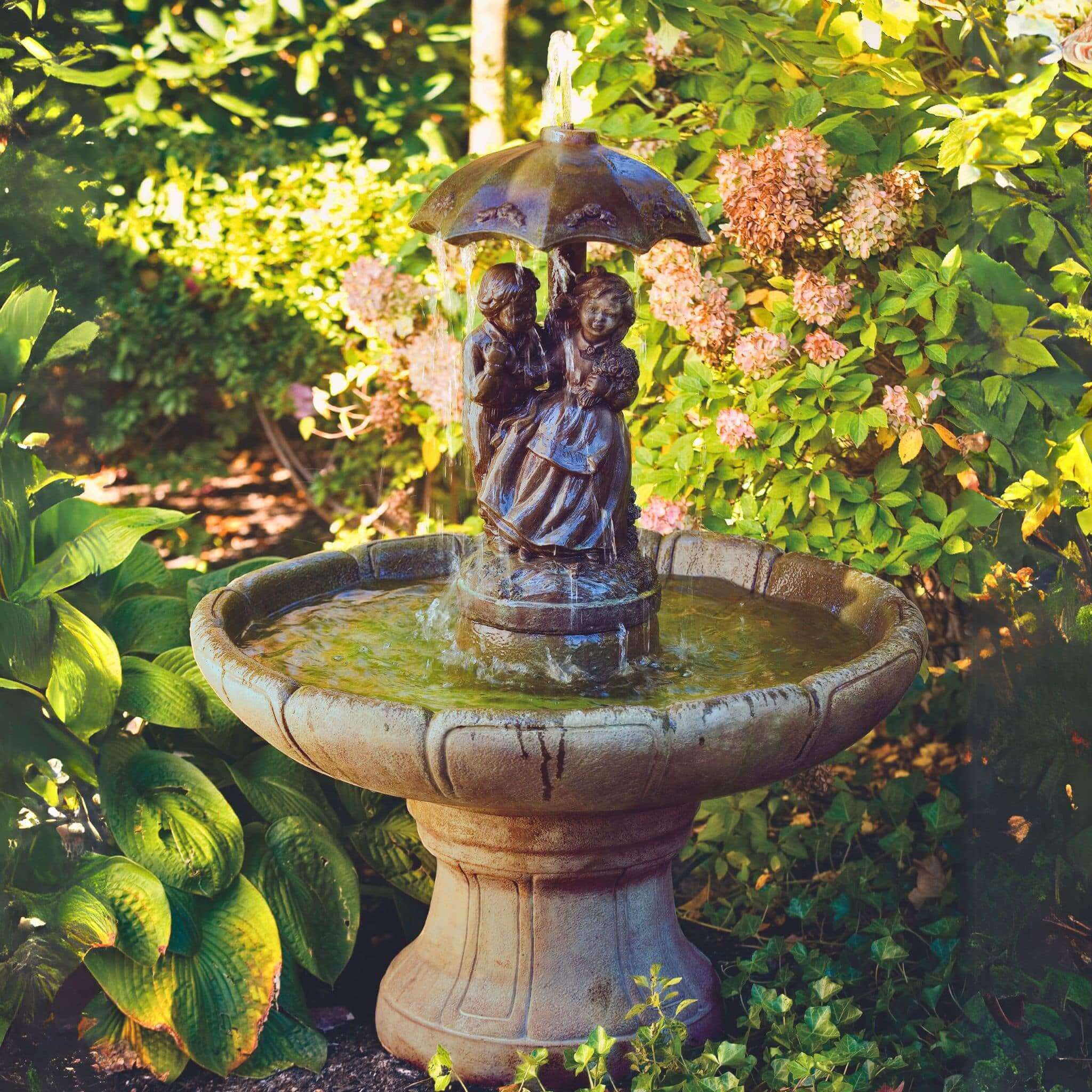 Girl & Boy Under Umbrella SMALL Concrete Fountain - Massarellis #3625
