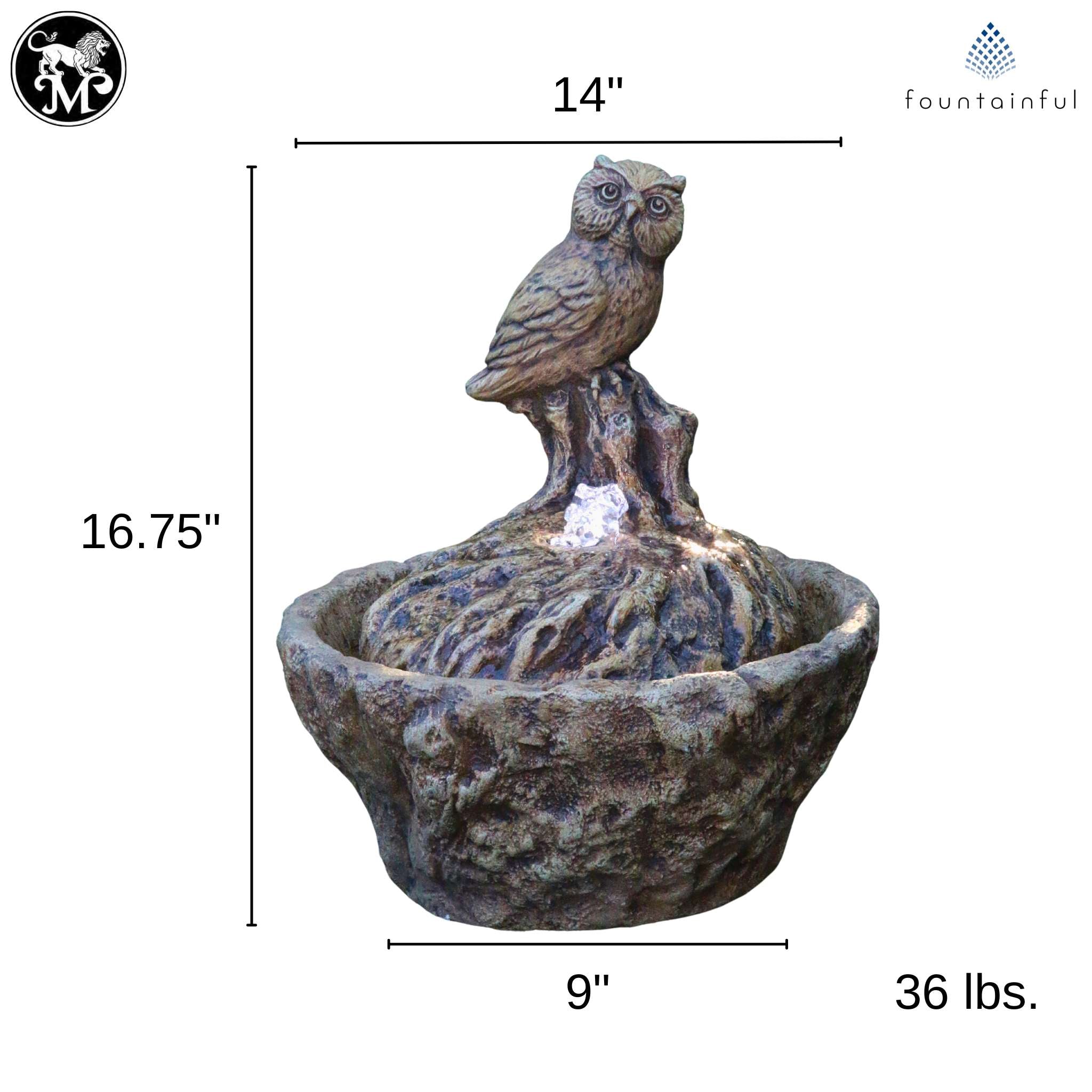 Owl Concrete Fountainette Parva w/Lights - Massarellis #3948