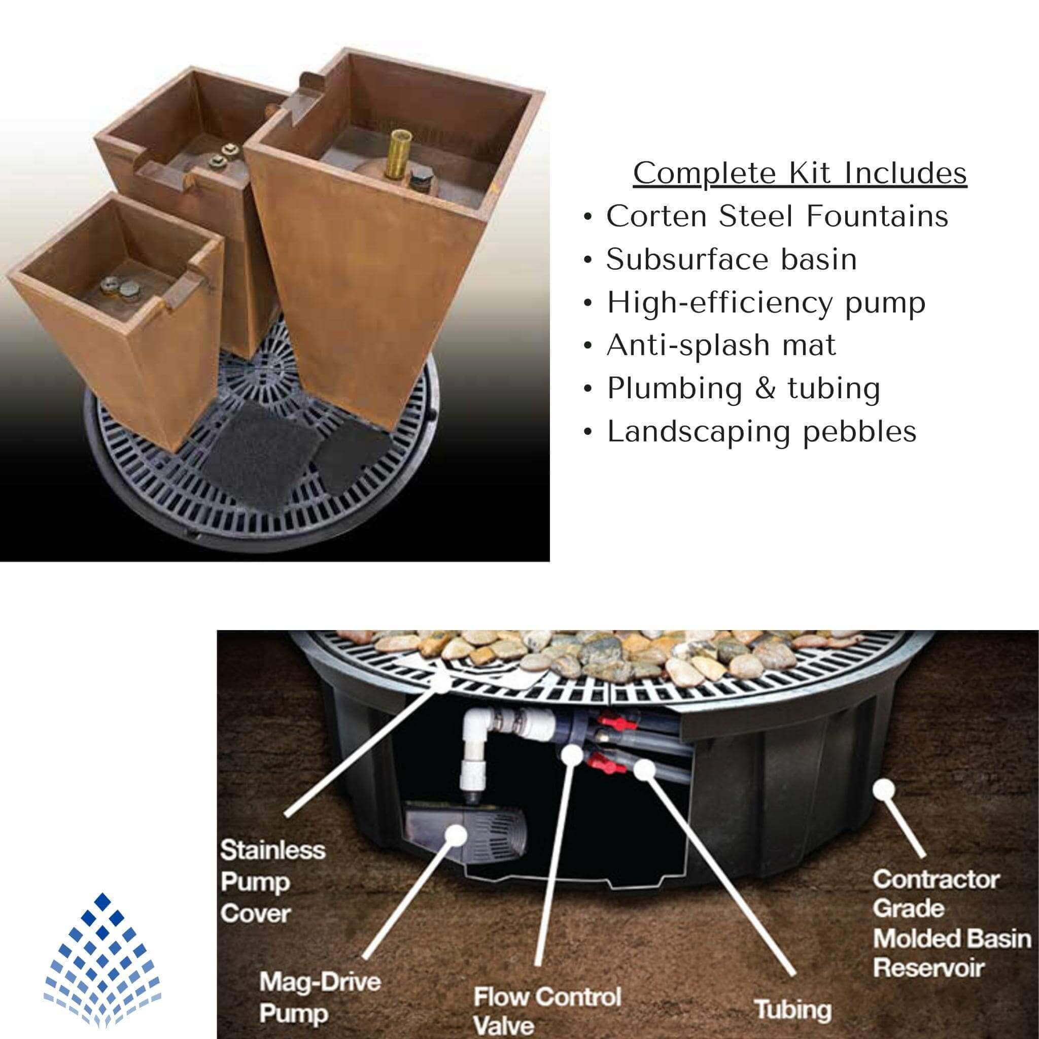 Triple Corten Steel "Rusted" Urn Fountain Kit - Blue Thumb
