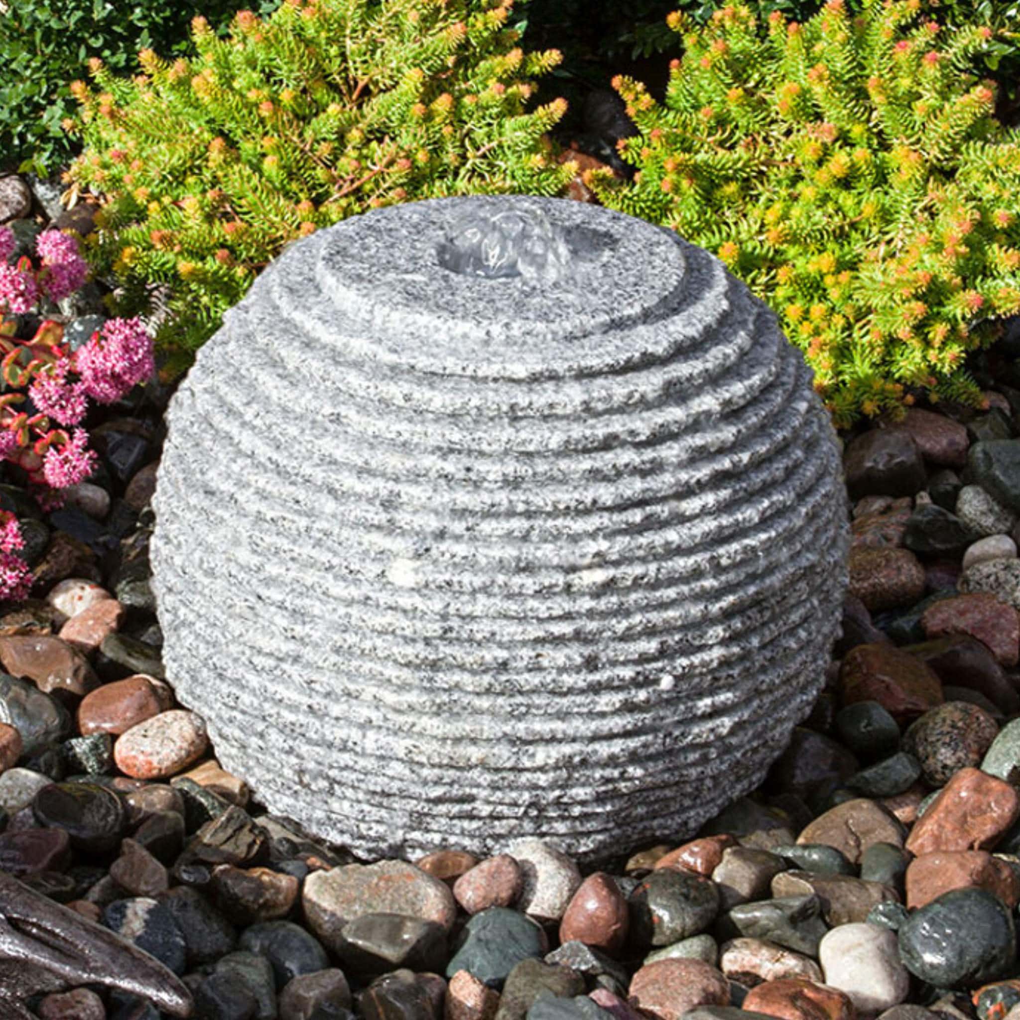 Gray Ribbed Granite Sphere Fountain - Complete Kit - Blue Thumb