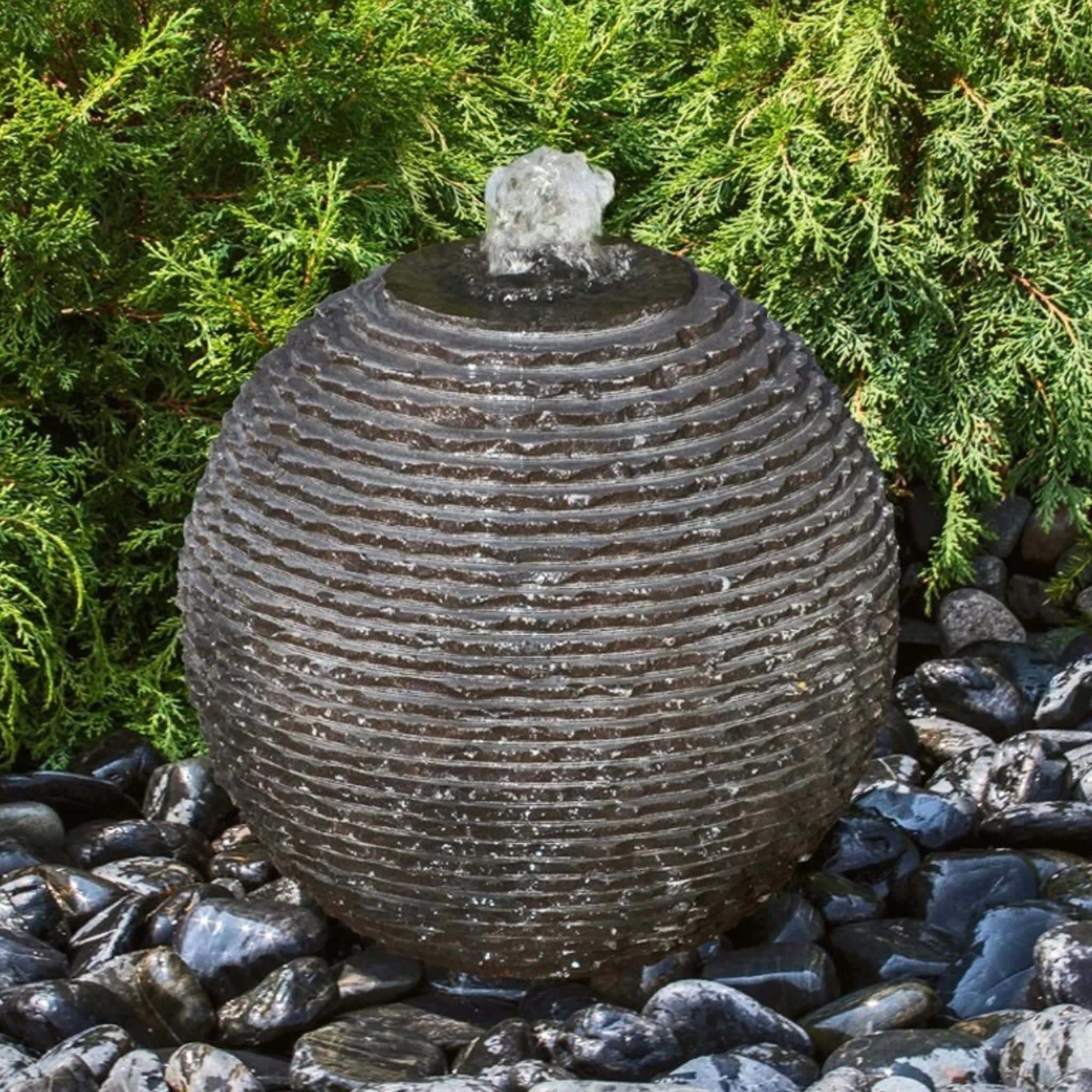 Black Ribbed Granite Sphere Fountain - Complete Kit - Blue Thumb