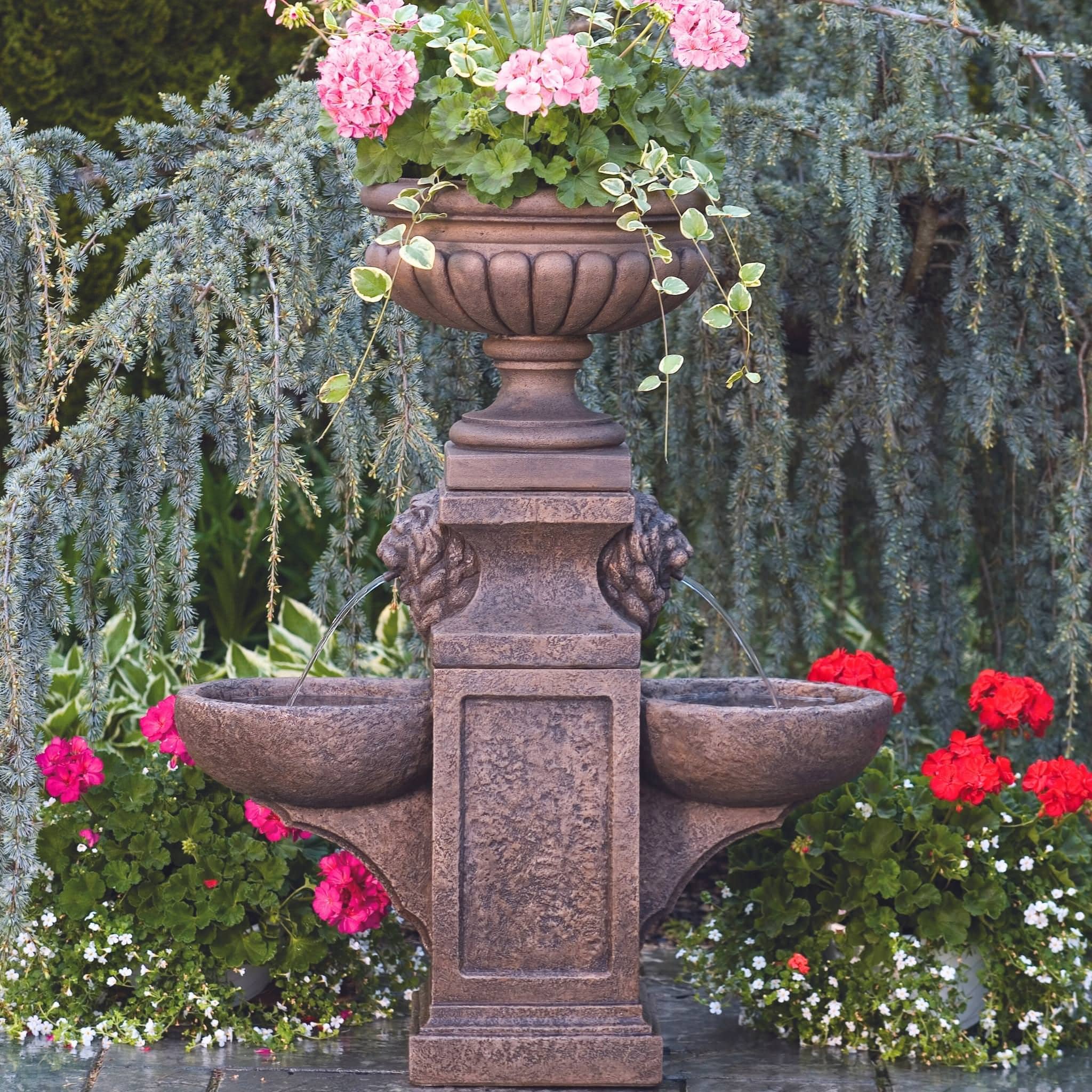 Lion Head 2-Bowl Concrete Fountain w/Milano Planter Urn - Massarellis #3527