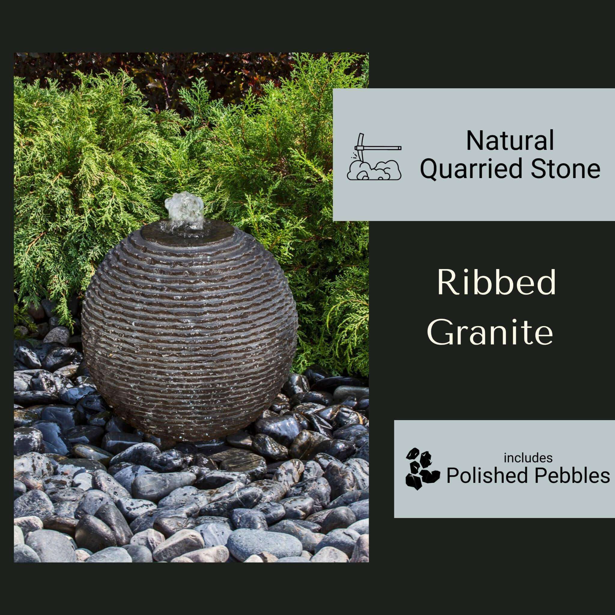 Black Ribbed Granite Sphere Fountain - Complete Kit - Blue Thumb