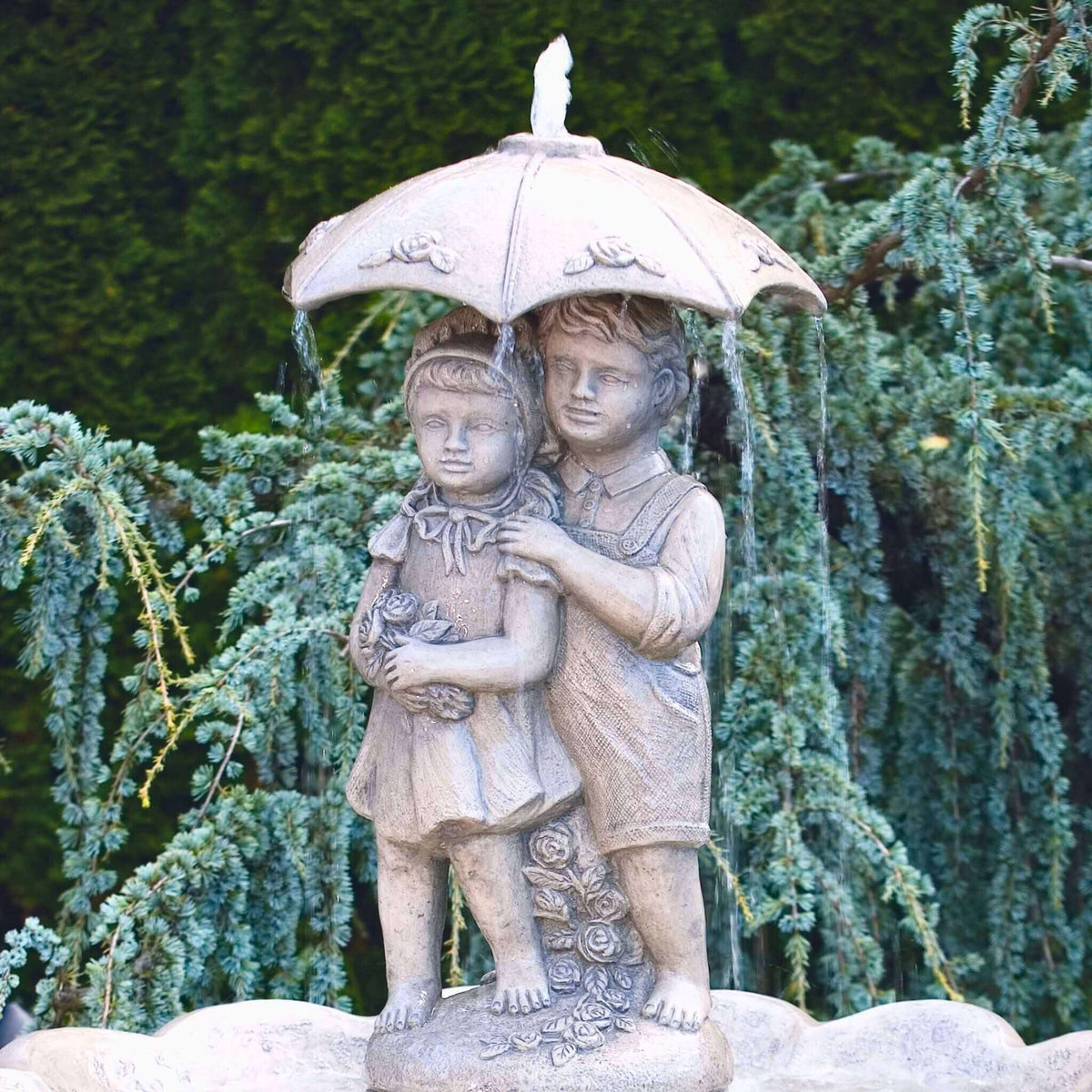 Girl & Boy Under Umbrella LARGE Concrete Fountain - Massarellis #3310