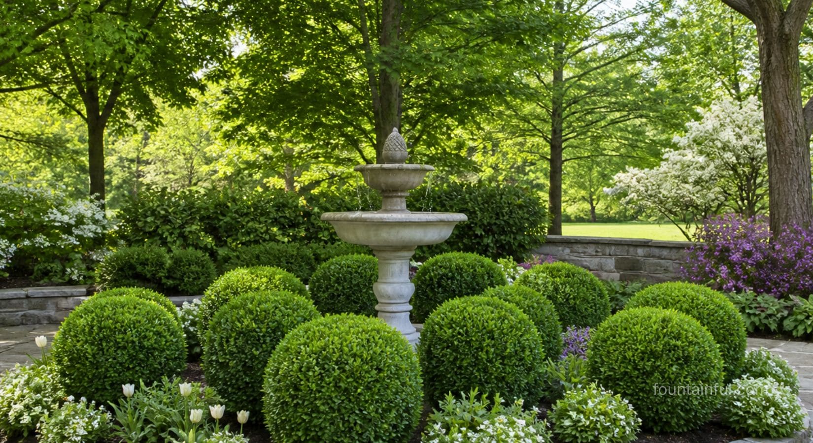 Tiered garden fountain surrounded by boxwood hedges and mature trees in a landscaped backyard patio