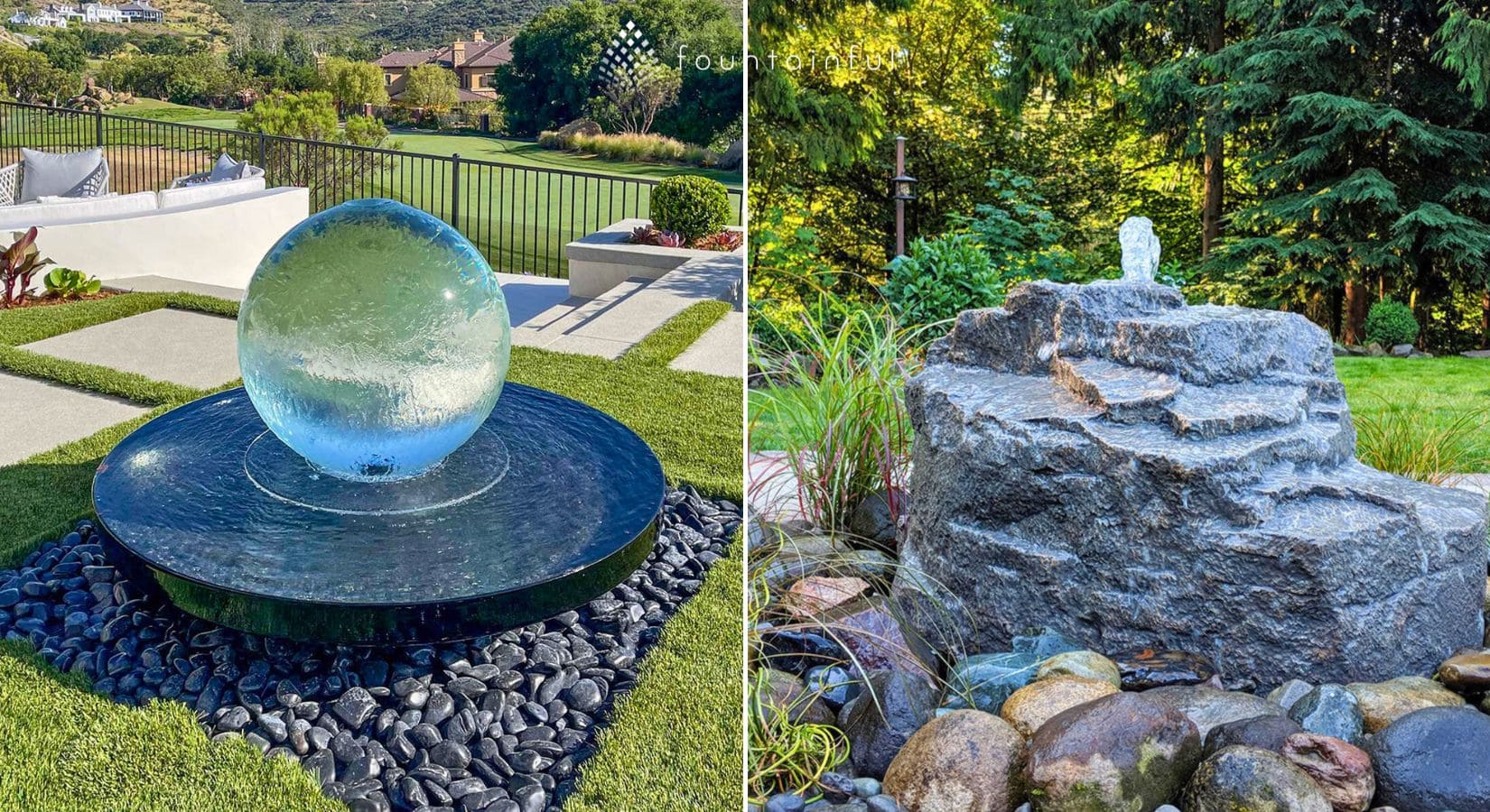 Blue Thumb Crystal Sphere acrylic fountain and Mountain Spring GFRC boulder fountain side by side in a garden setting