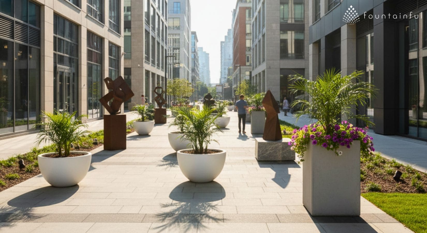 White GFRC bowl planters and concrete architectural planters in a commercial plaza setting
