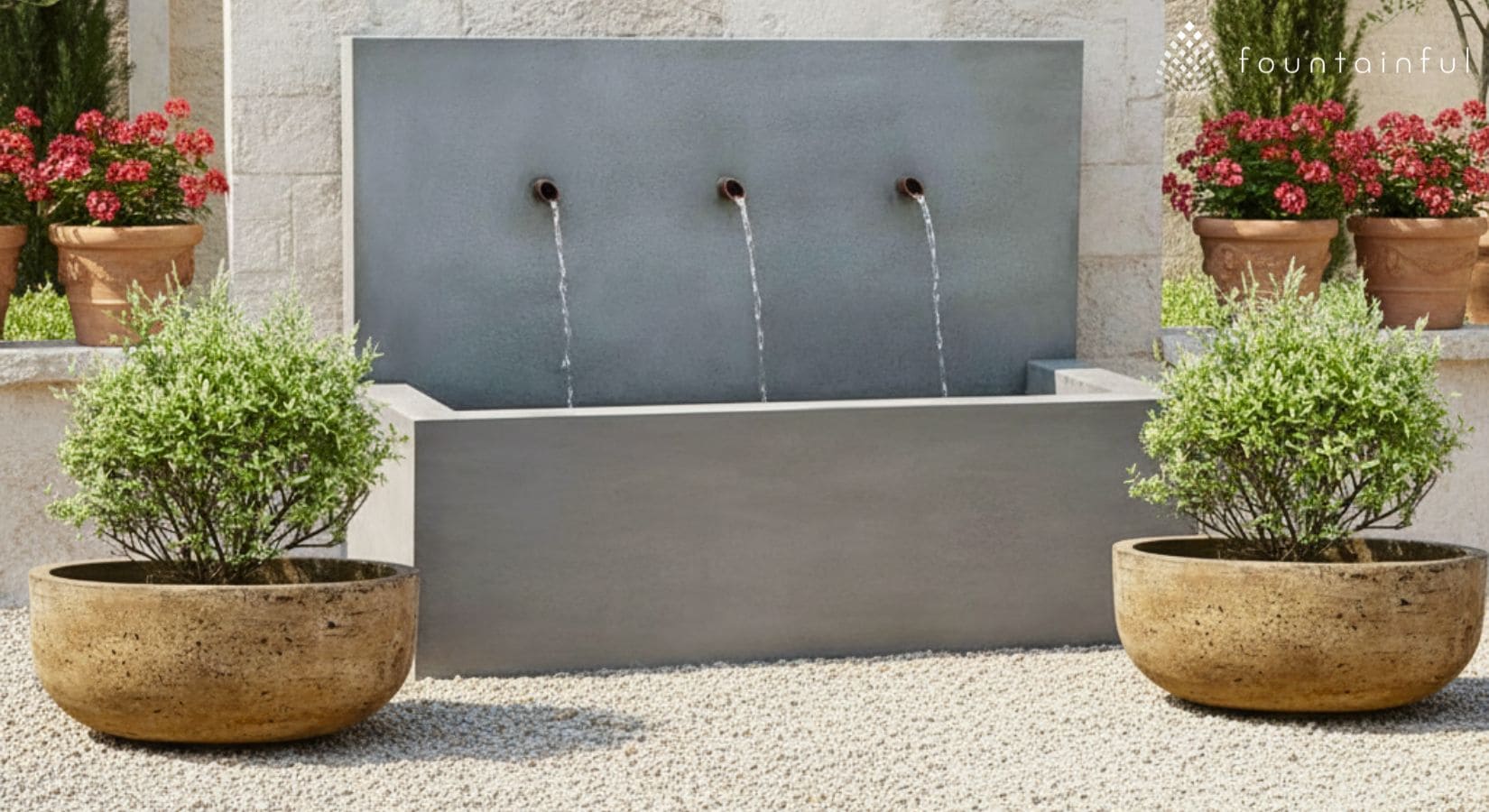 Three-spout concrete wall fountain flanked by large round bowl planters with green shrubs, terracotta pots of red flowers in the background