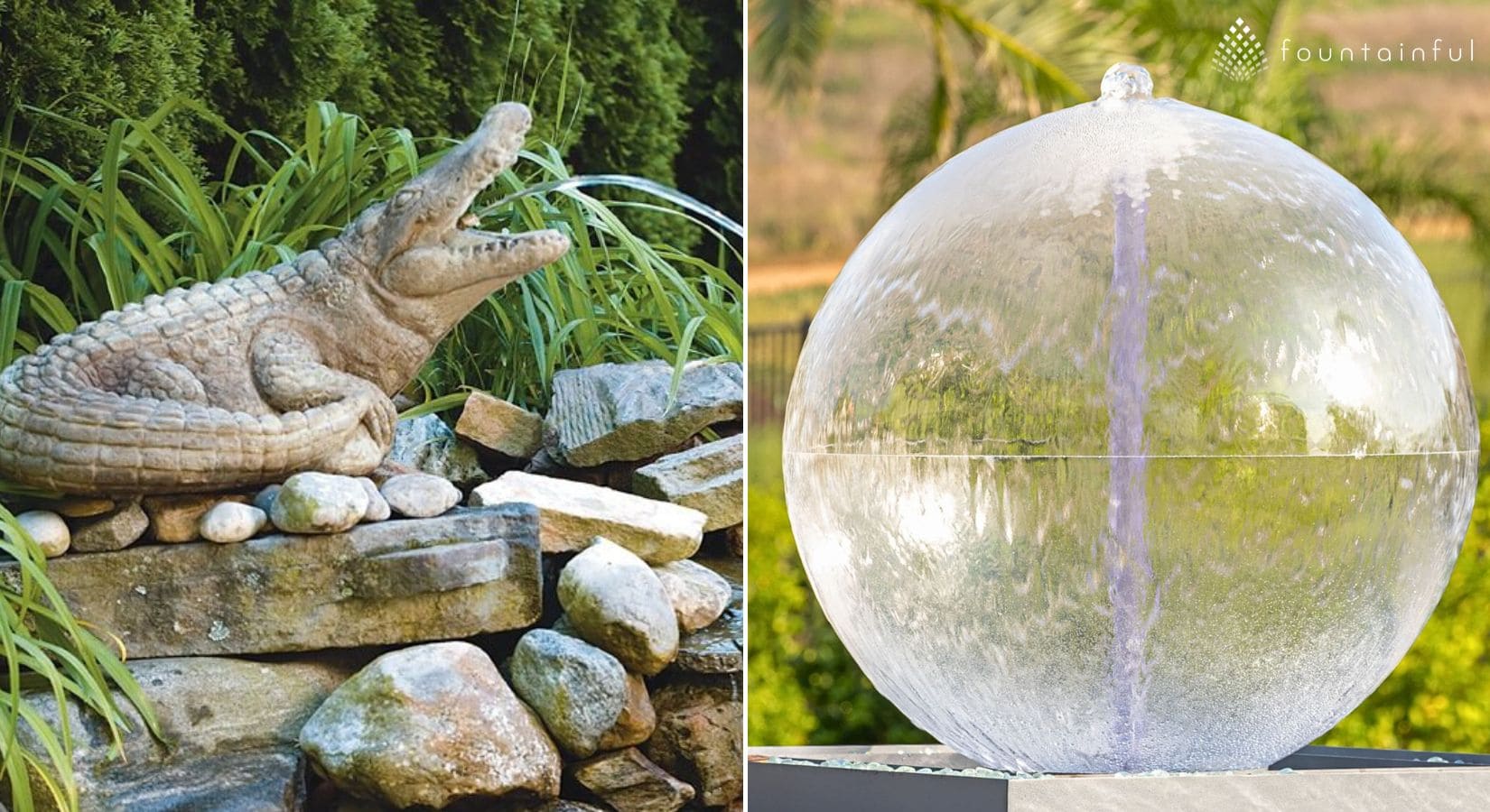 Cast stone alligator water statue spitting water on a rock waterfall, paired with a plumbed acrylic crystal sphere fountain