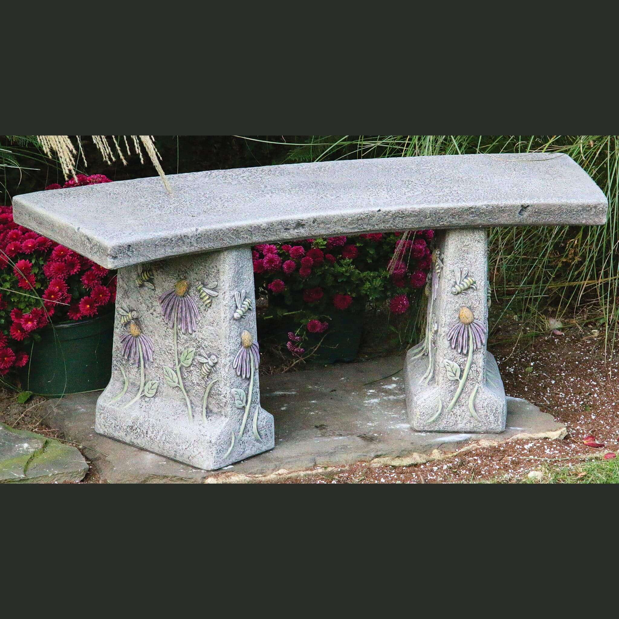 Honeybee & Flowers Concrete Garden Bench - Massarellis #4172