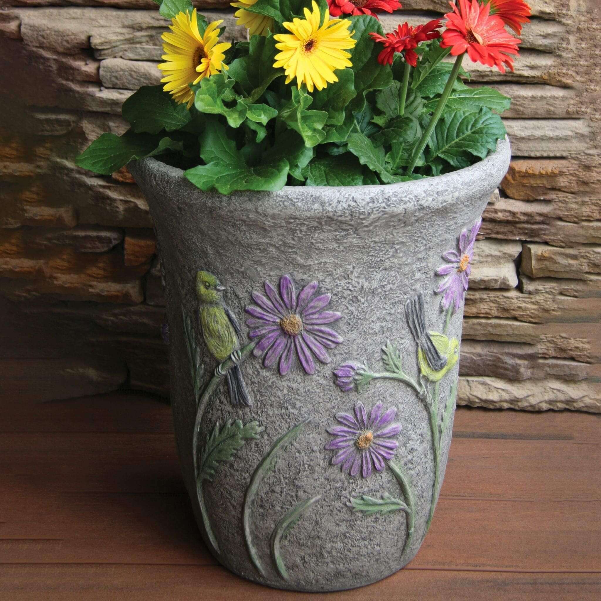 Songbird & Flowers Concrete Planter
