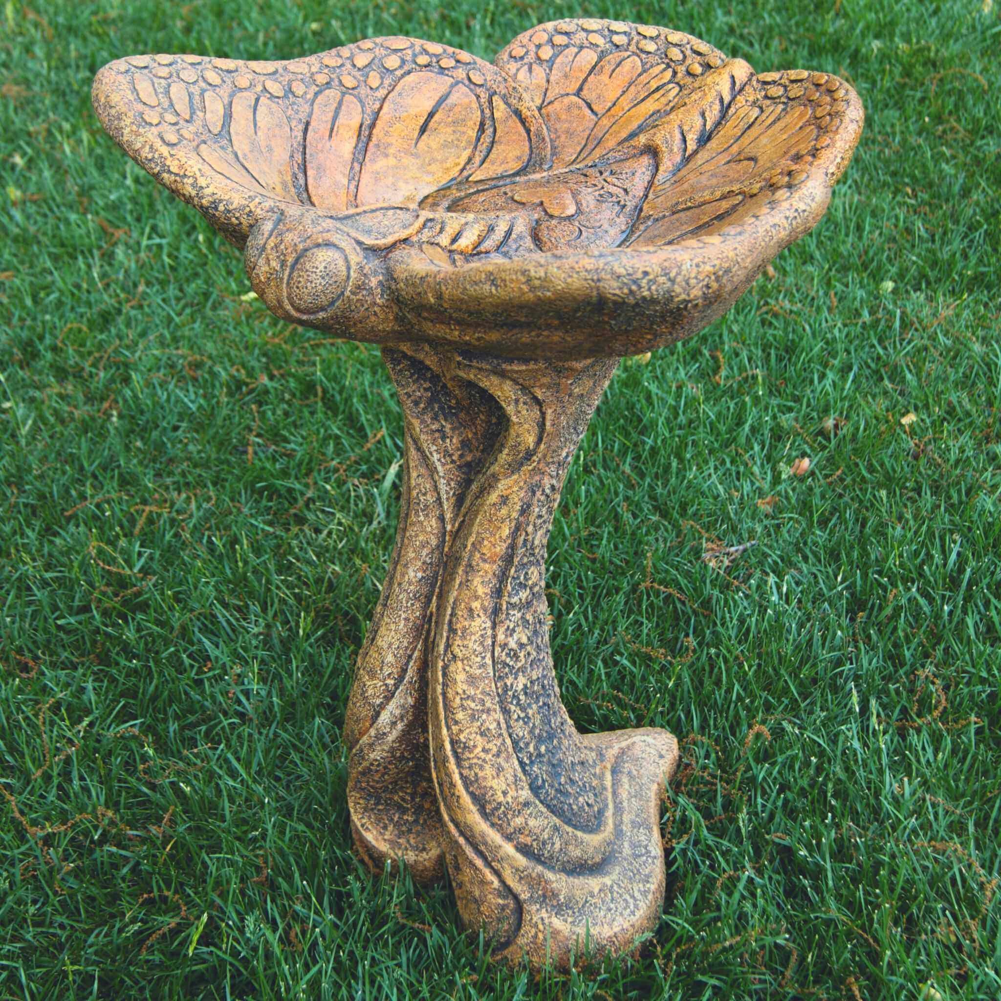 Butterfly & Flowers Concrete Bird Bath