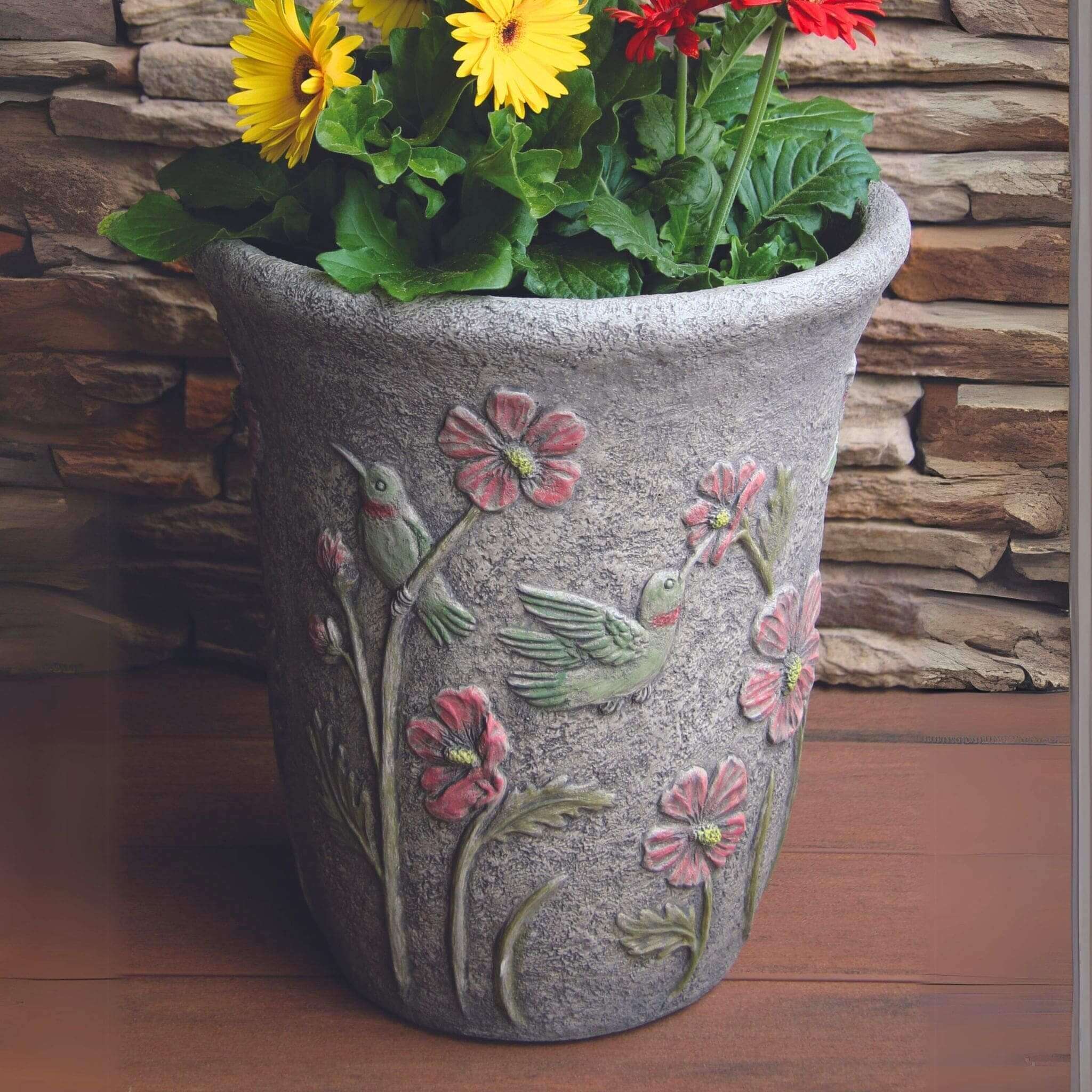 Hummingbird & Flowers Concrete Planter - Massarellis #6103