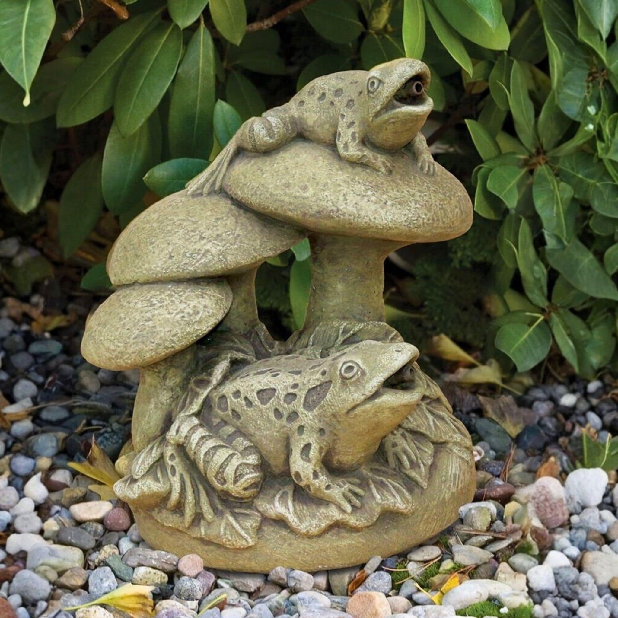 Frogs & Mushrooms Plumbed Concrete Statue - Massarellis #2290