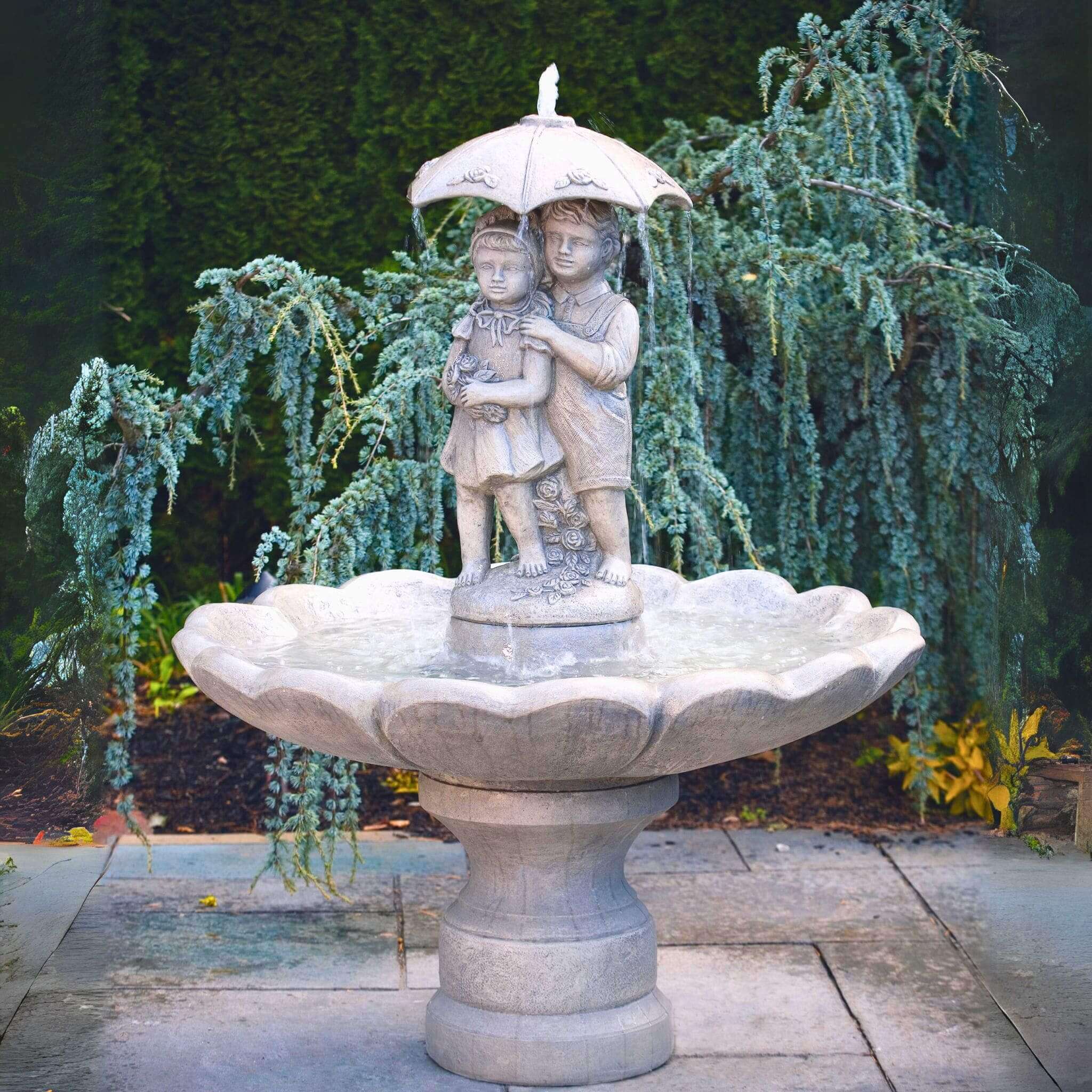 Girl & Boy Under Umbrella LARGE Concrete Fountain - Massarellis #3310