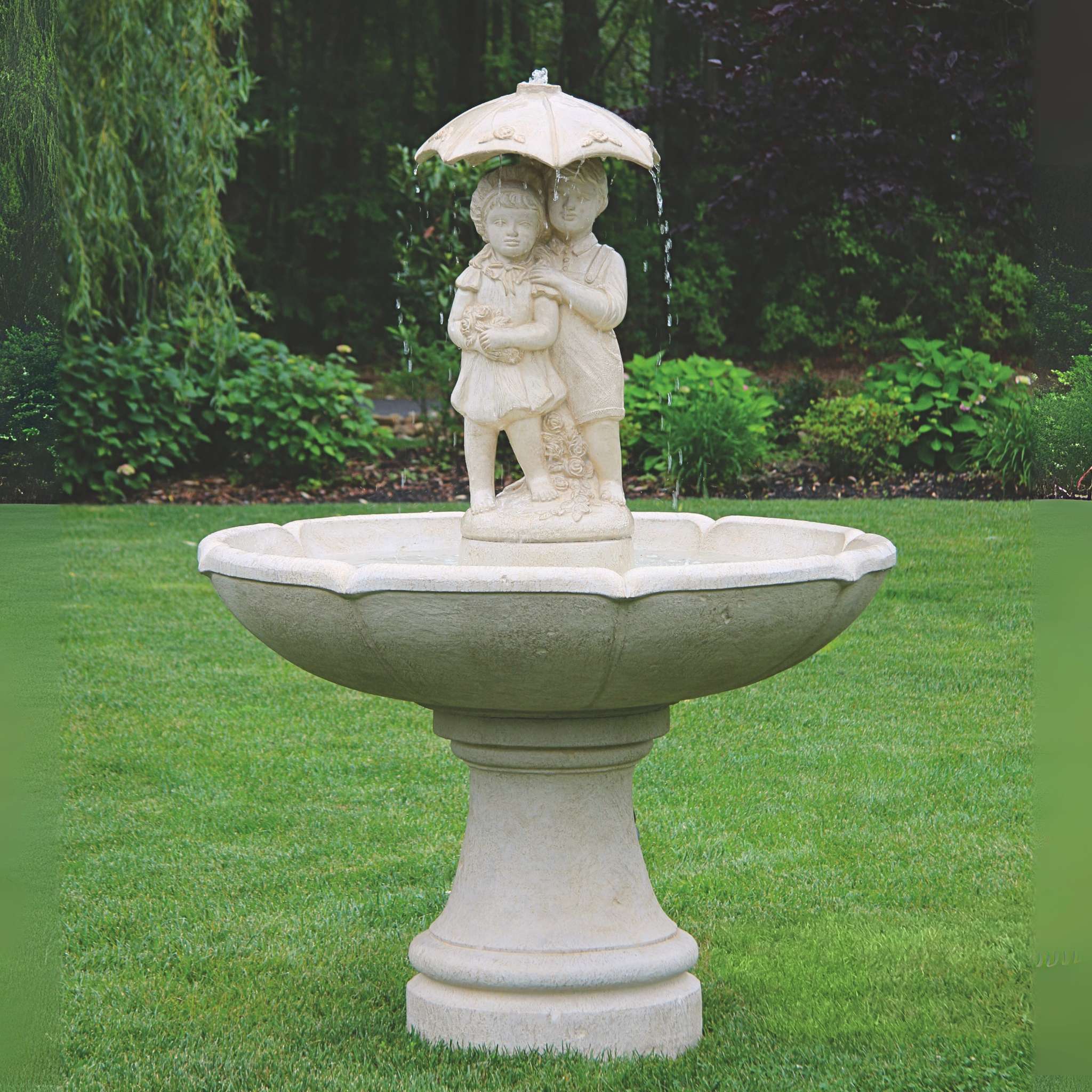 Girl & Boy Under Umbrella LARGE Concrete Fountain - Massarellis #3310