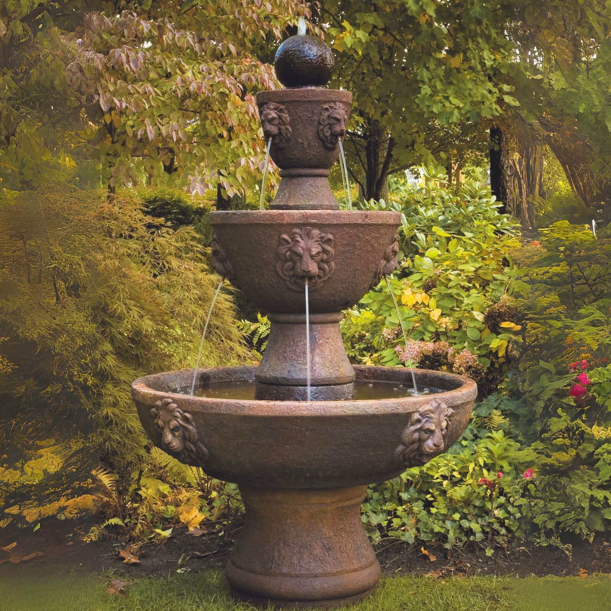 Gabriel 3-Tier Lion Head Concrete Fountain - Massarellis #3584