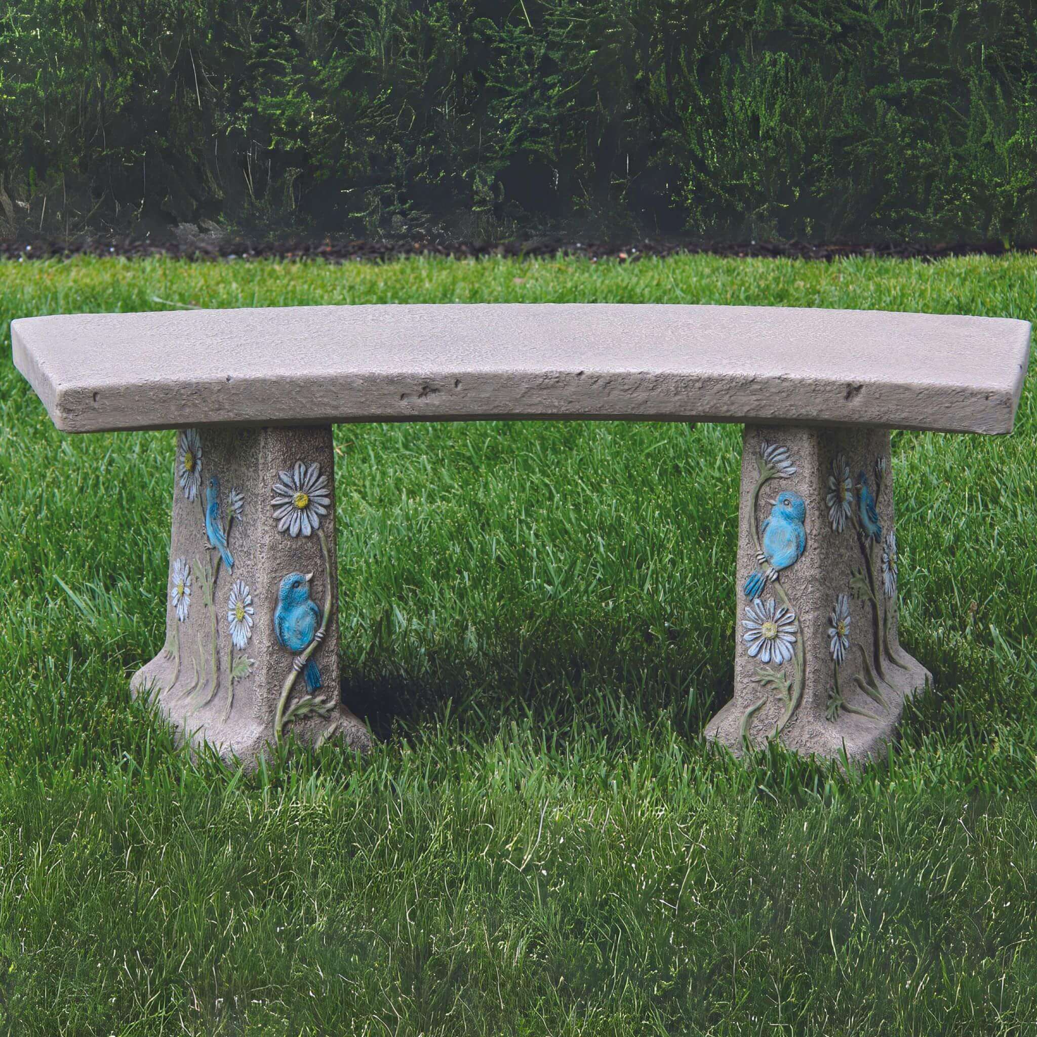 Bluebird & Flowers Concrete Outdoor Bench - Thumbnail 2