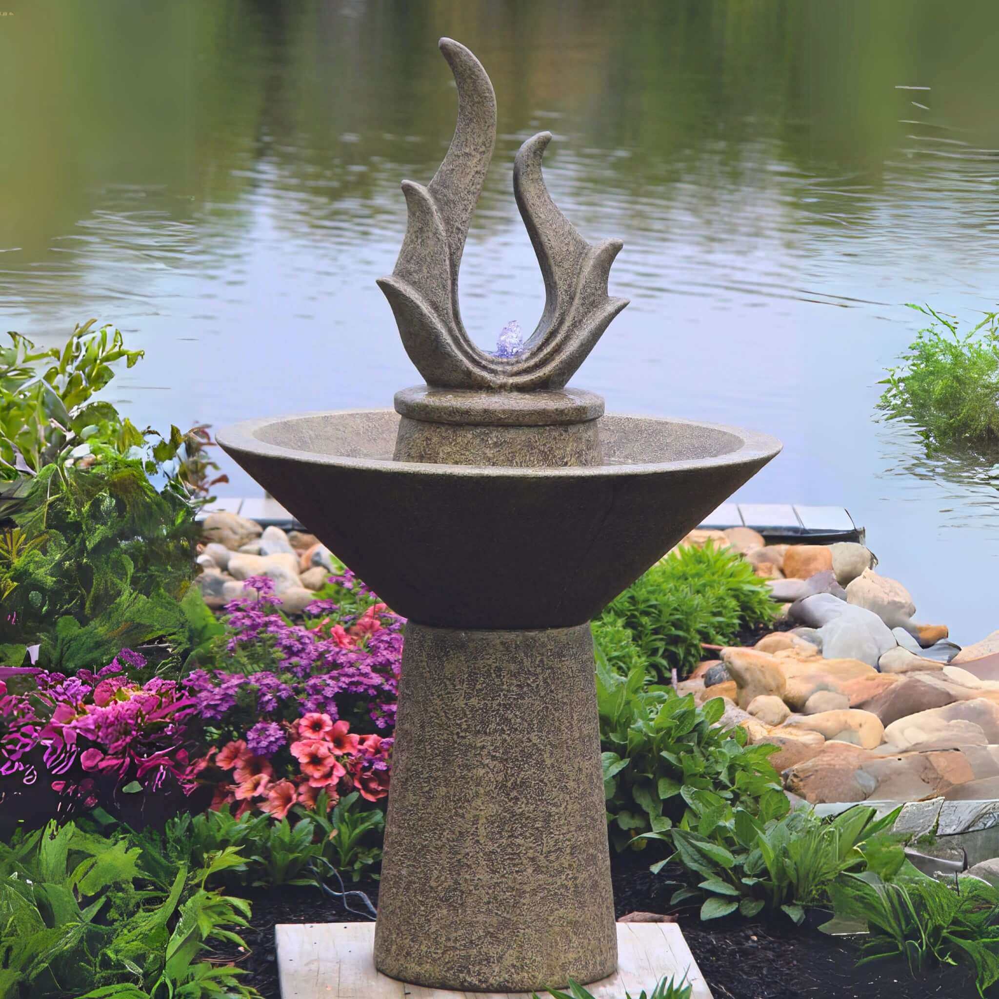 Garden Petal Point Concrete Fountain w/Lights - Massarellis #3833