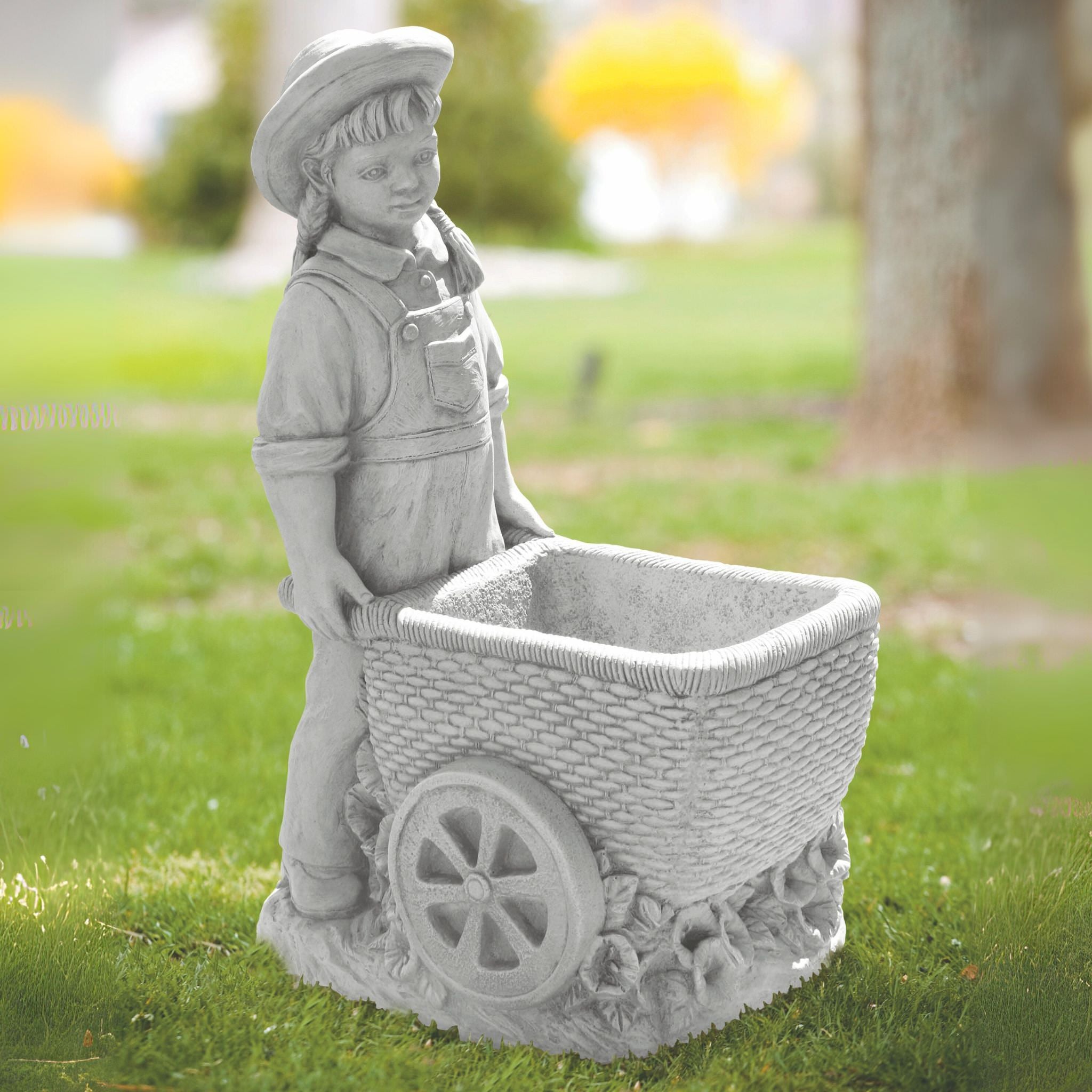 Girl with Flower Cart Concrete Garden Statue - Massarellis #7865