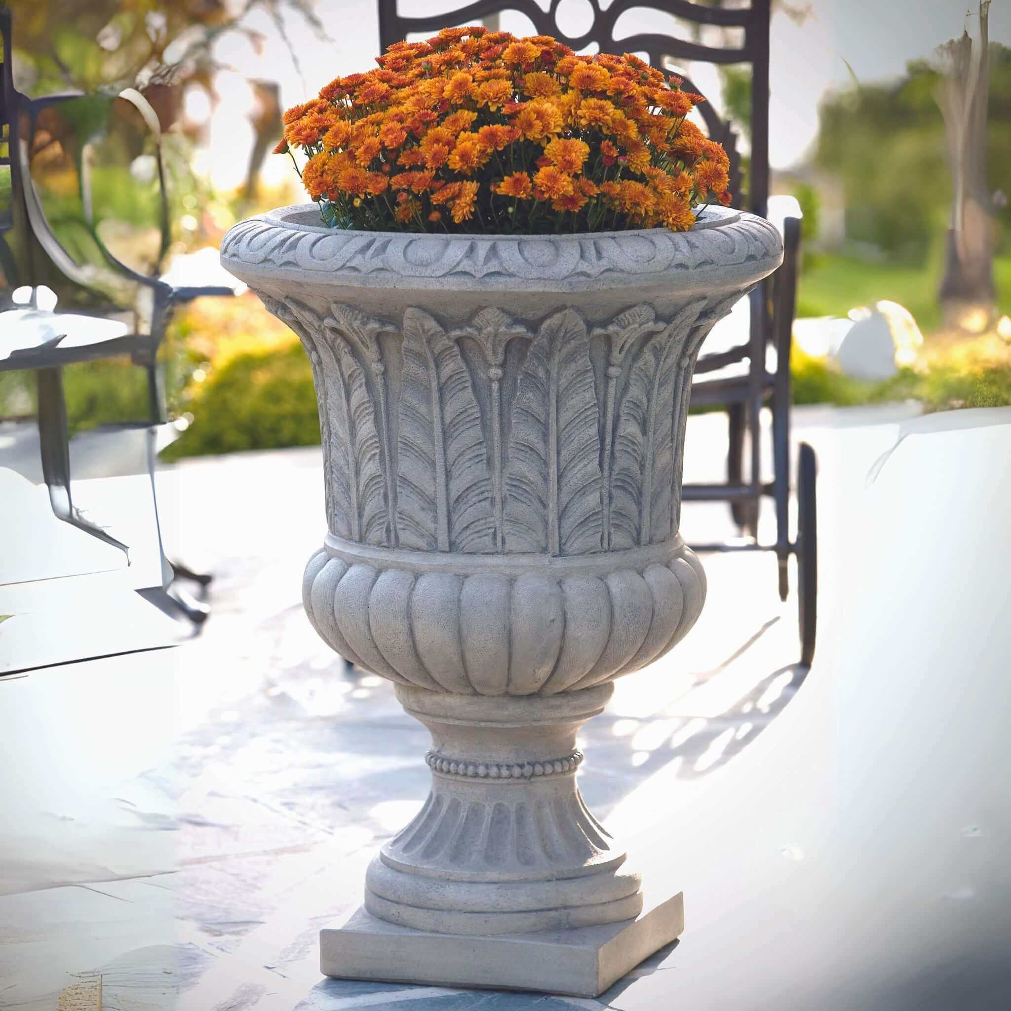 Egg & Dart Leaf Concrete Urn Planter - Massarellis #6988