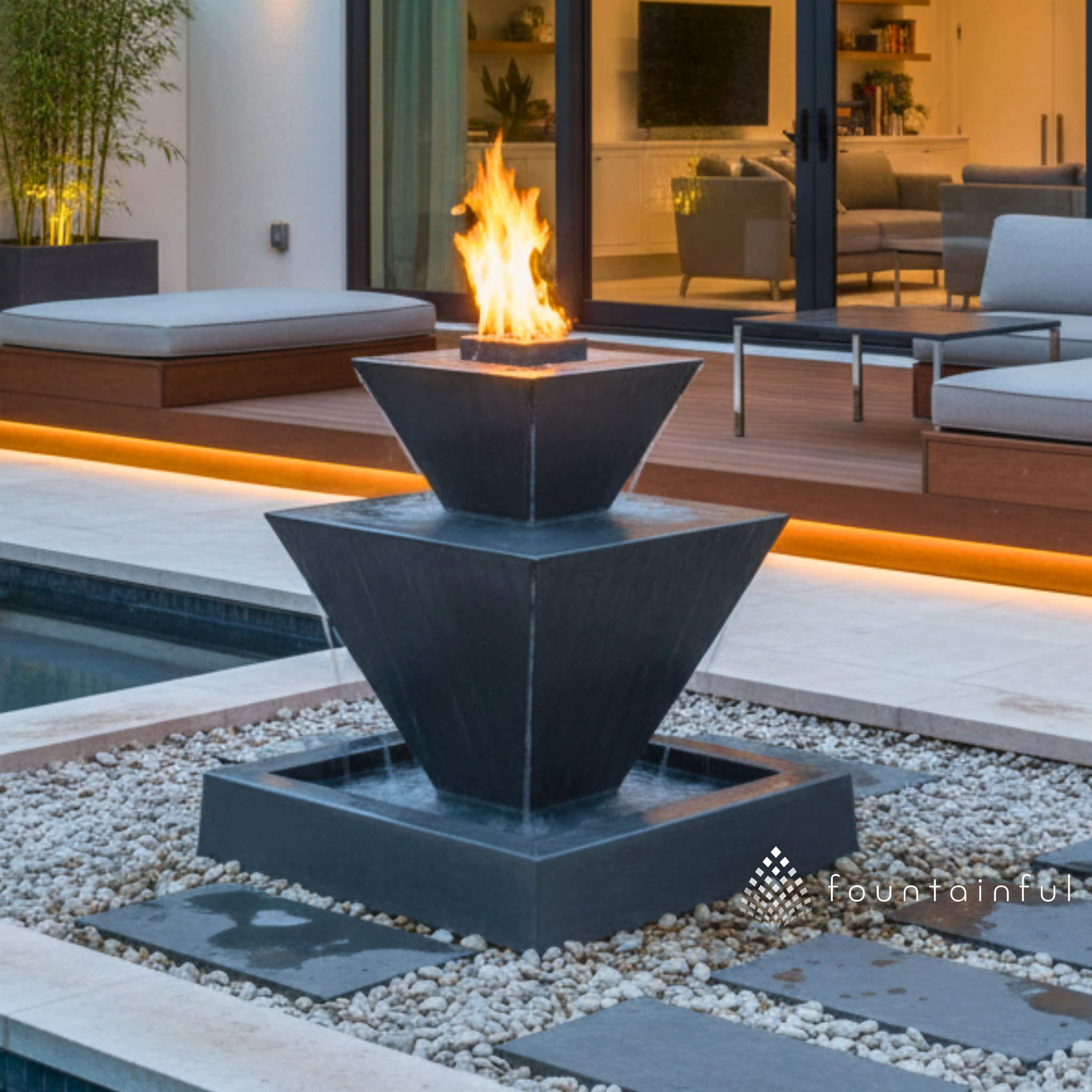 Double Oblique Concrete Fire & Water Fountain