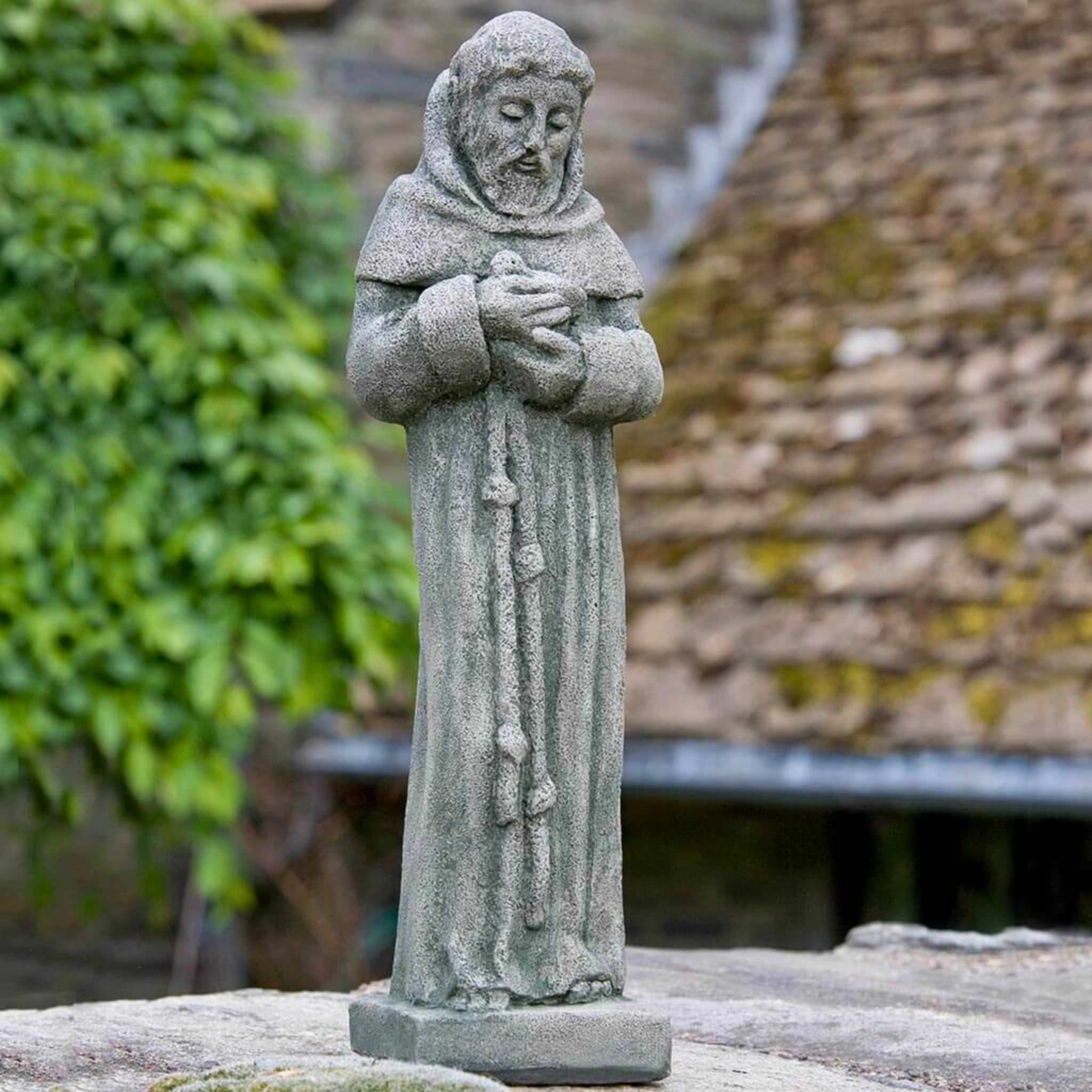 14" St. Francis with Bird Concrete Garden Statue - Campania #R102